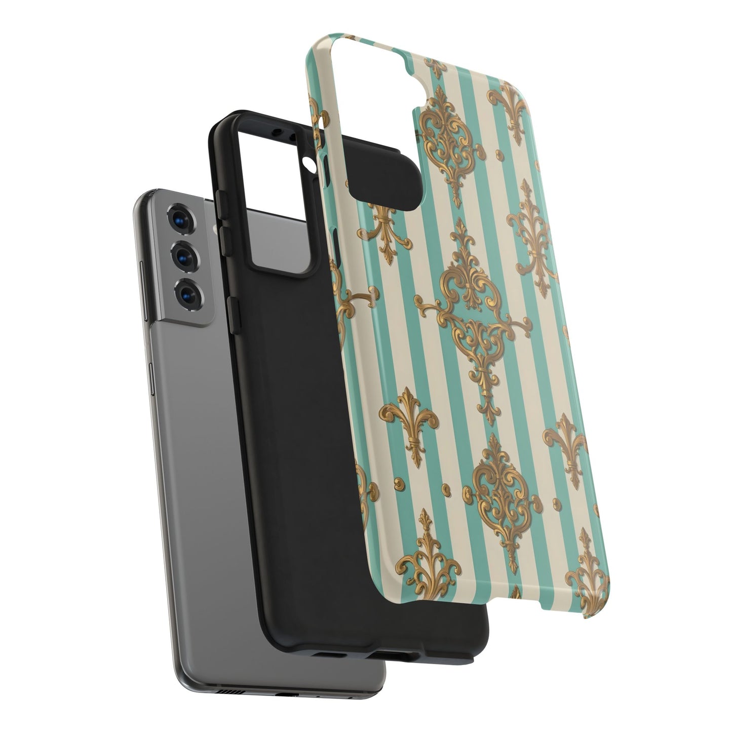 Elegant Striped Phone Case with Vintage Design, Tough Phone Cover, Stylish Smartphone Case - Matte Green Striped Rococo