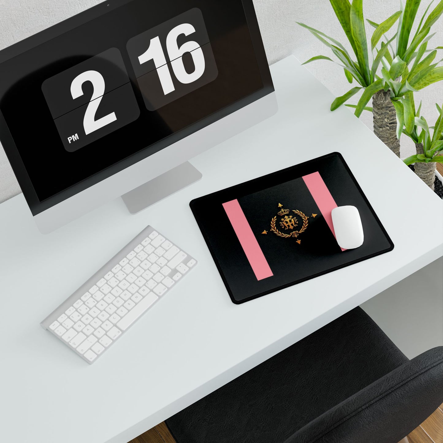 Elegant Desk Mats for Home Office, Stylish Workstation Accessories, Decorative Mouse Pads, Personalized Desk Protectors - Pink Striped Gold Crest