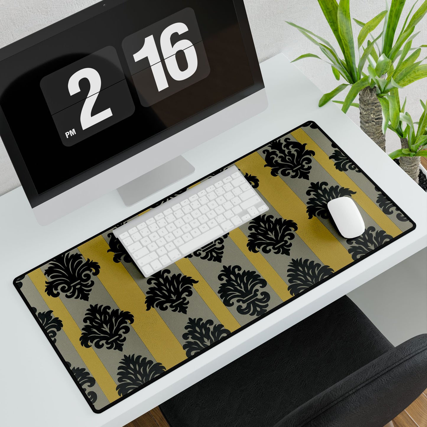 Elegant Desk Mats for Office Decor, Stylish Mouse Pads, Home Office Accessories, Chic Workplace Essentials - Silver & Gold Striped Black Baroque