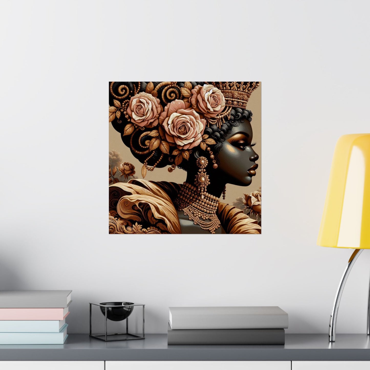 Floral Afro Art Poster - Elegant Matte Vertical Wall Decor - Lady With Peach Roses