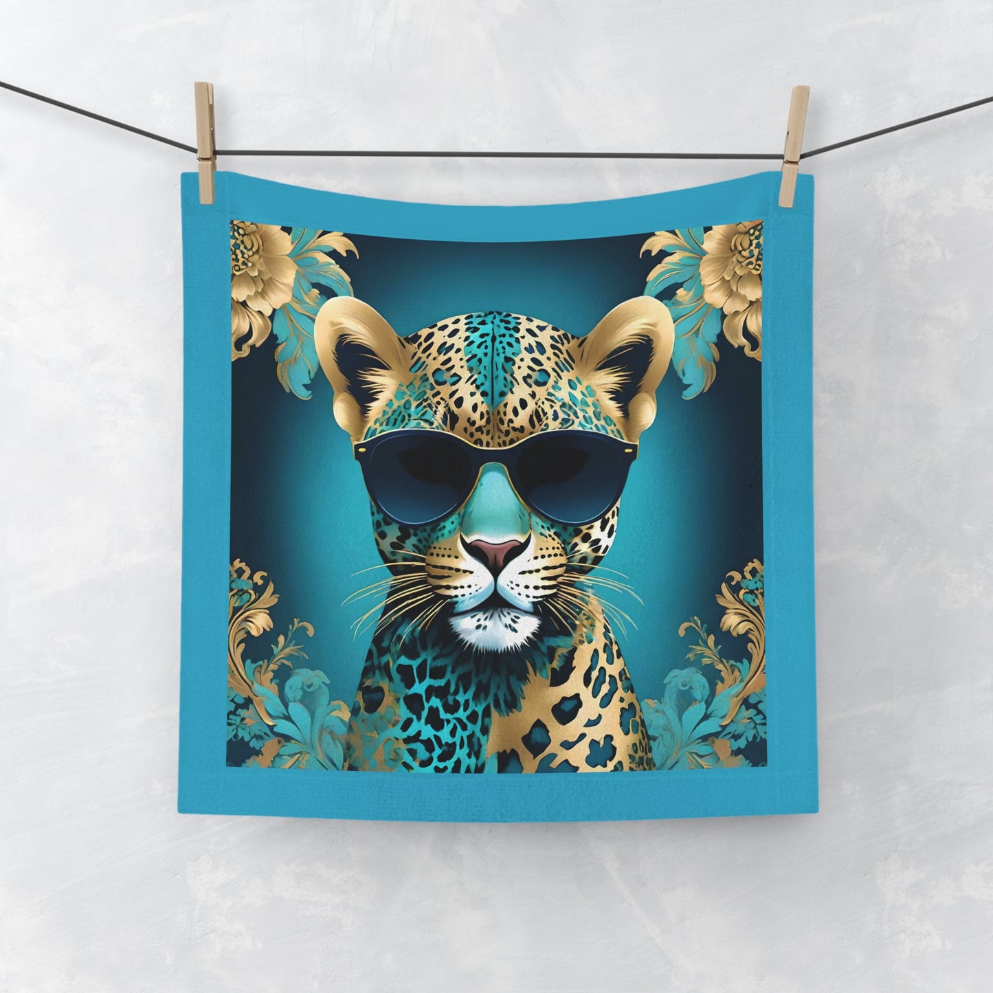Face Towel - Elegant Vintage Gold Pattern for Home & Spa - Aqua & Gold Leopard In Sunglasses Design - Perfect for Kids