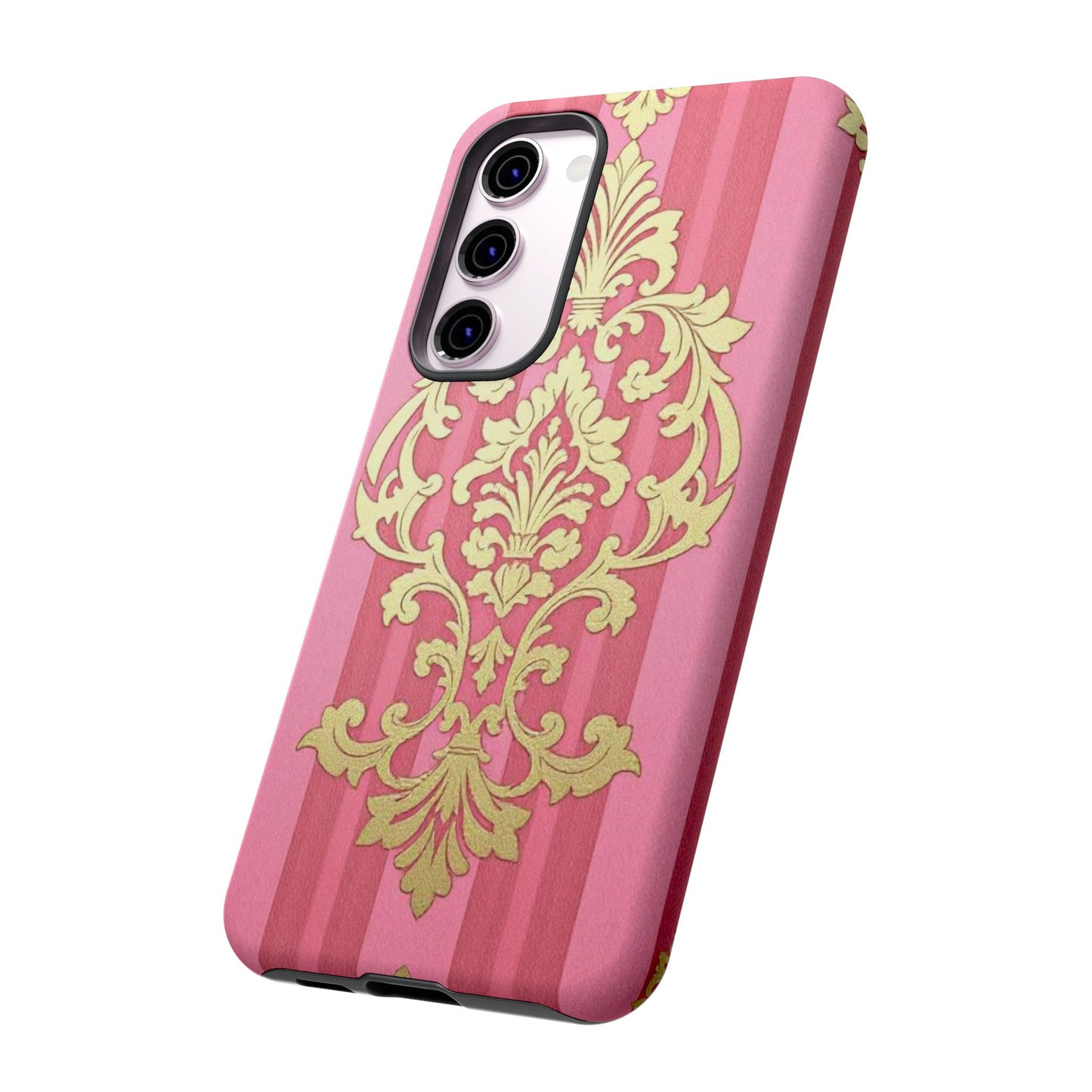 Elegant Floral Motif Phone Case - Tough Cases with Vintage Design - Pink Striped Damask