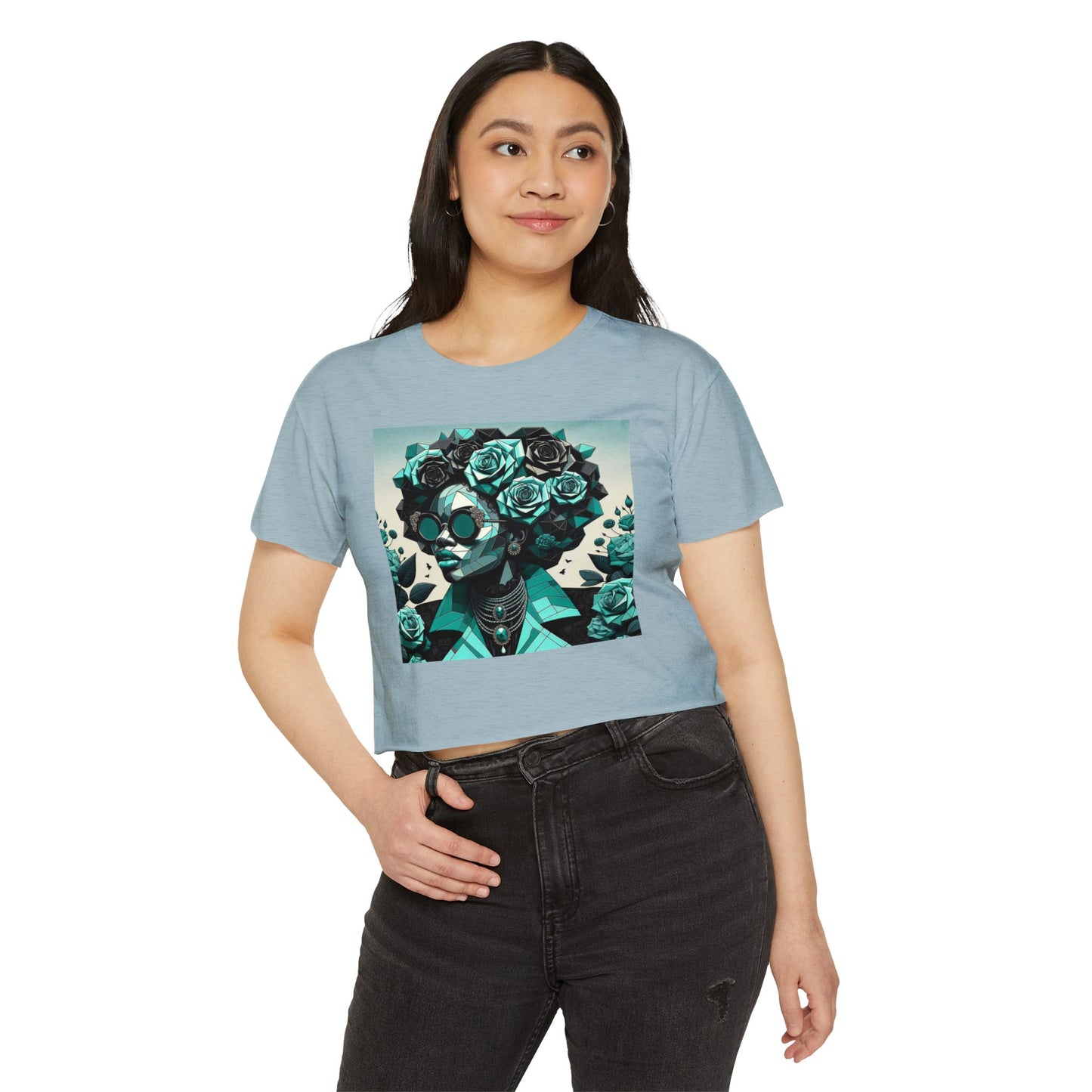 Women's Festival Crop Top with Artistic Floral Design, Boho Clothing, Trendy Summer Style, Perfect for Music Festivals - Turquoise & Black Roses Lady