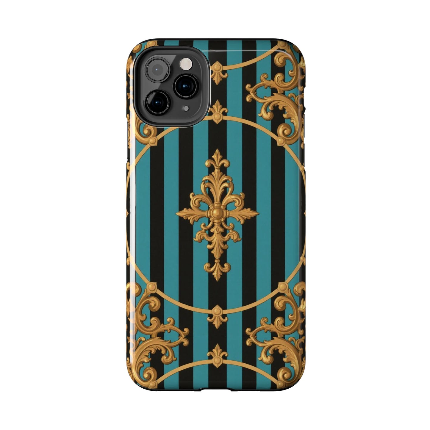 Elegant Turquoise & Black Striped Gold Baroque Phone Case, Tough Phone Cases for Fashion Lovers, Gift for Her, Luxury Accessories