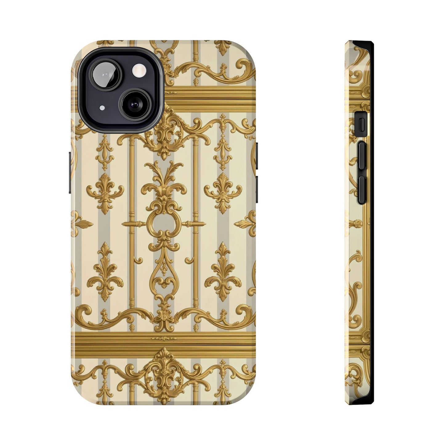 Elegant Gold Pattern Tough Phone Cases | Stylish Phone Covers, Trendy Cell Phone Accessories - Matte Gray & Cream Striped Gold Baroque