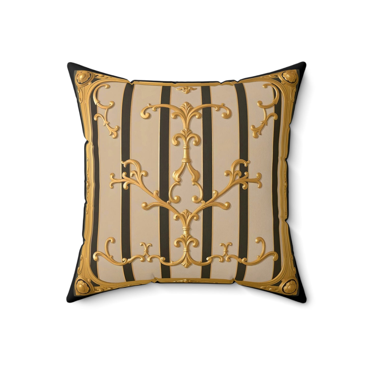 Elegant Faux Suede Square Pillow with Ornate Design, Decorative Cushion, Home Decor, Luxury Throw Pillow - Beige Striped Gold Rococo