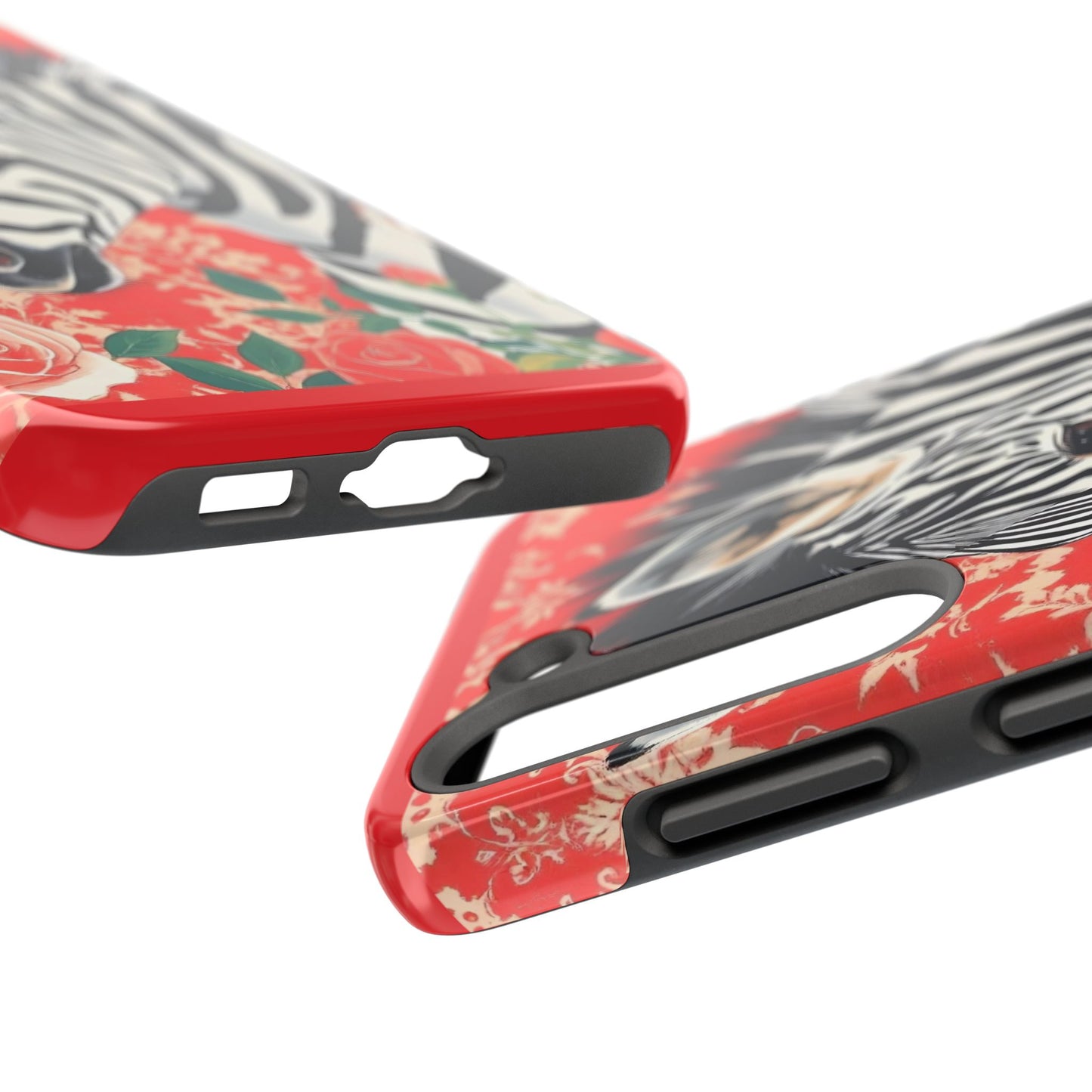 Zebra Tough Phone Case - Trendy Floral Design for Animal Lovers - Zebra With Coral Roses & Damask