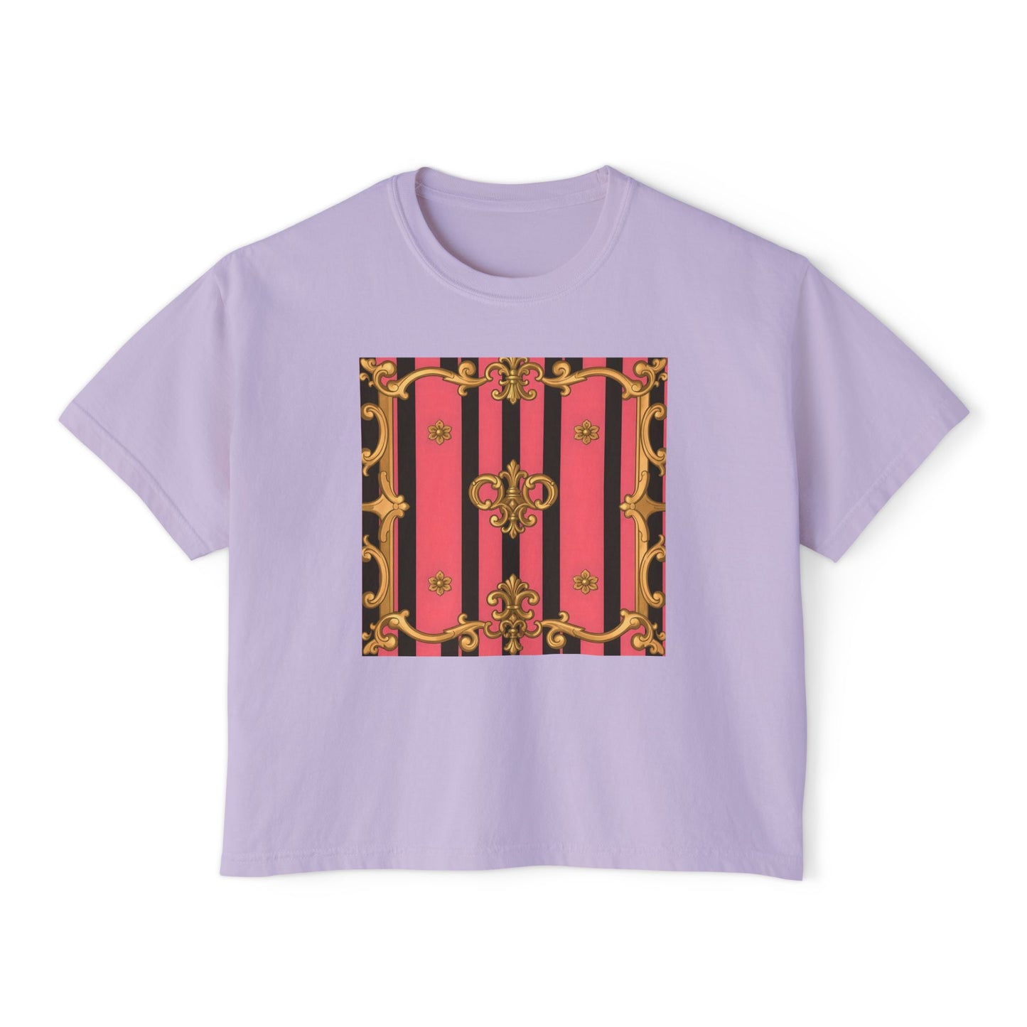 Chic Graphic Boxy Tee - Trendy Women's Casual Top, Festival Shirt, Gift for Her, Baroque Style - Pink & Black Striped Gold Baroque