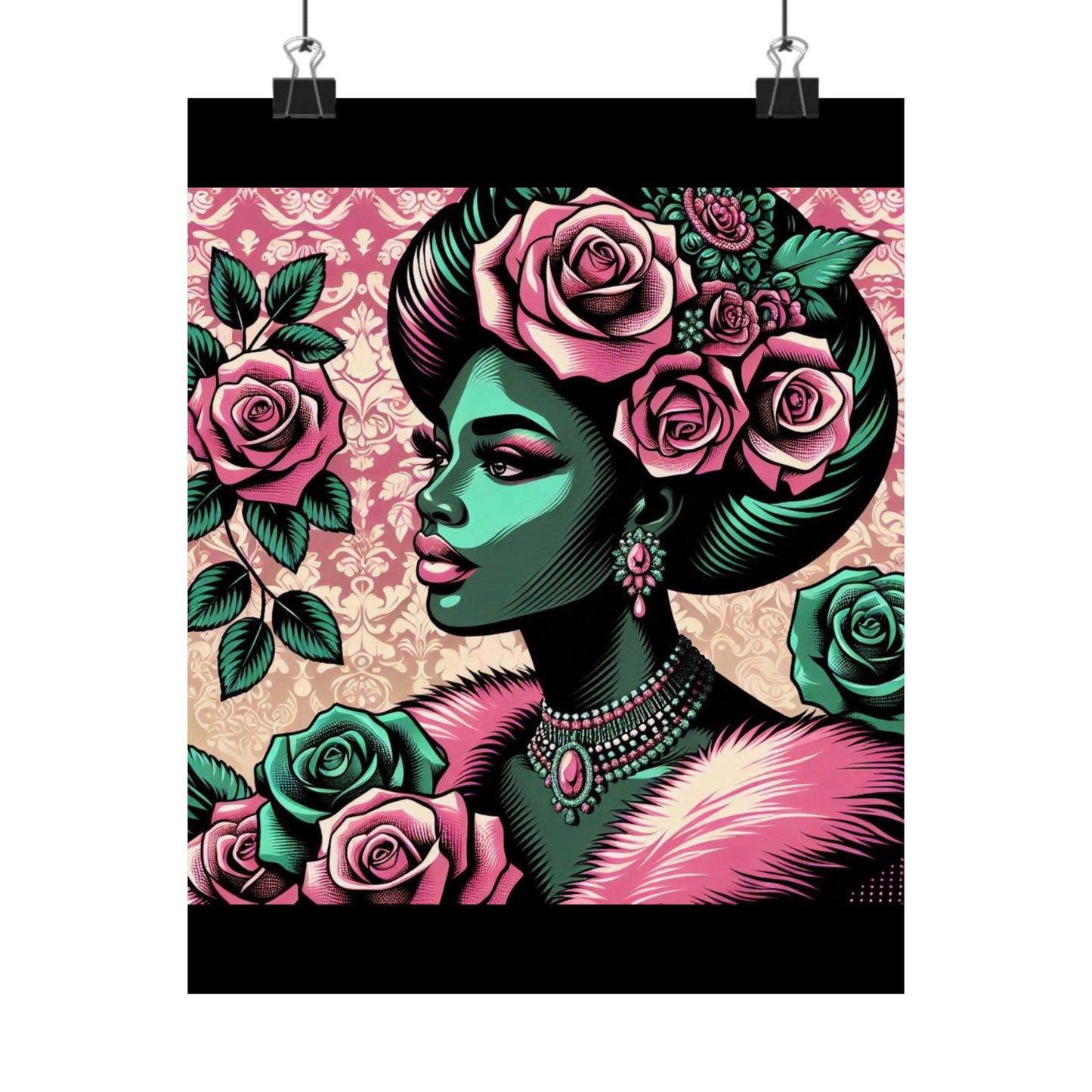 Floral Afro Art Poster - Elegant Matte Vertical Wall Decor - Emerald Green Lady With Damask & Roses