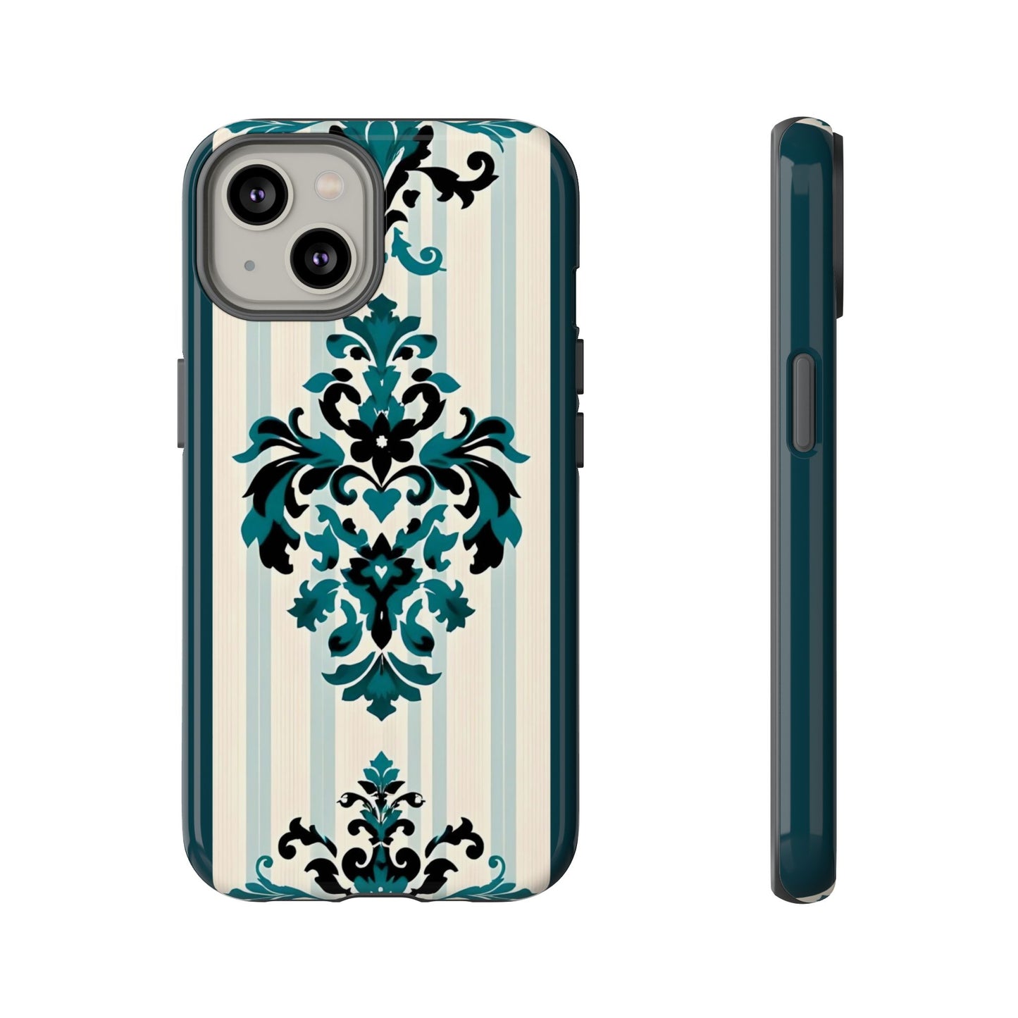 Elegant Floral Phone Case - Tough Cases with Vintage Design - Teal Striped Damask