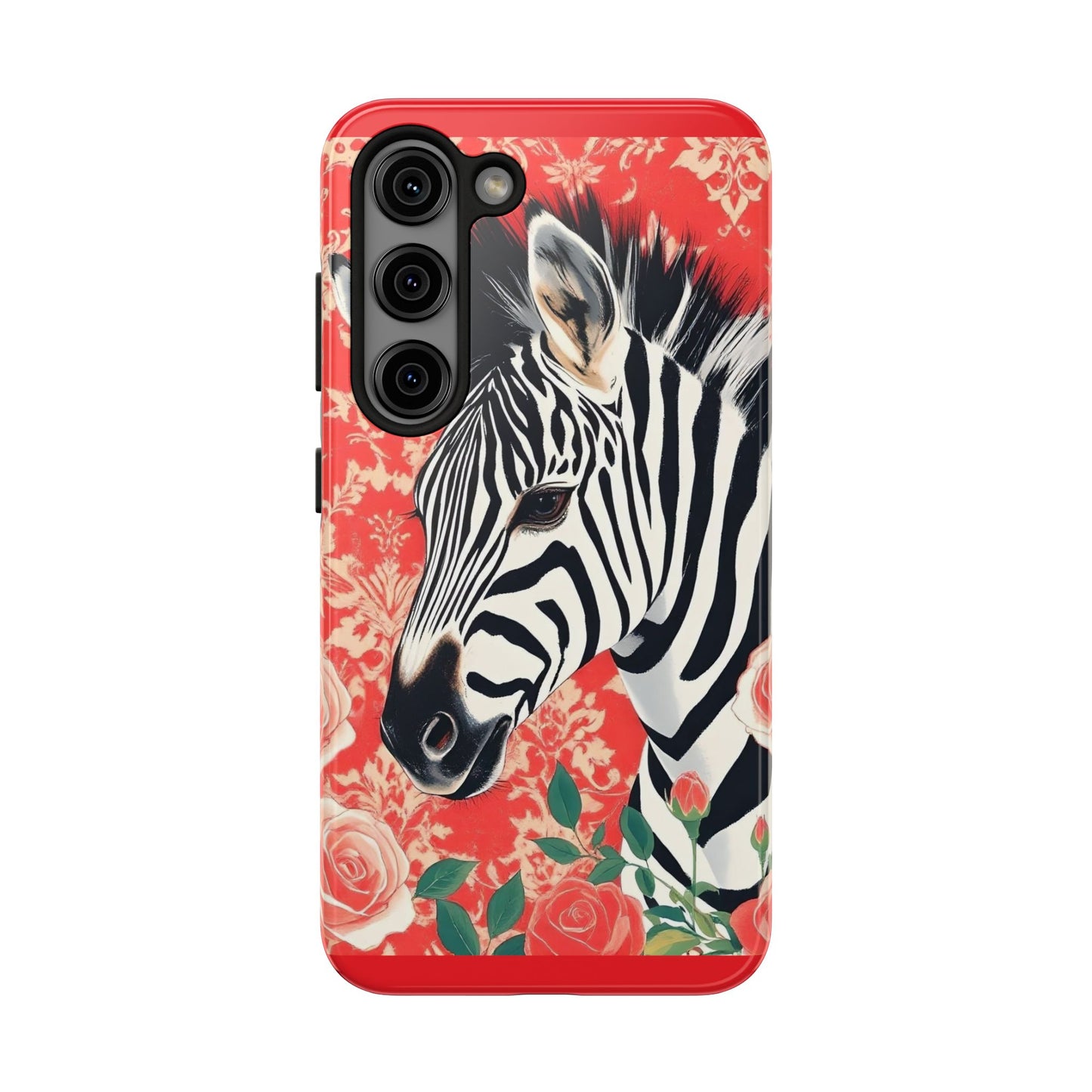 Zebra Tough Phone Case - Trendy Floral Design for Animal Lovers - Zebra With Coral Roses & Damask