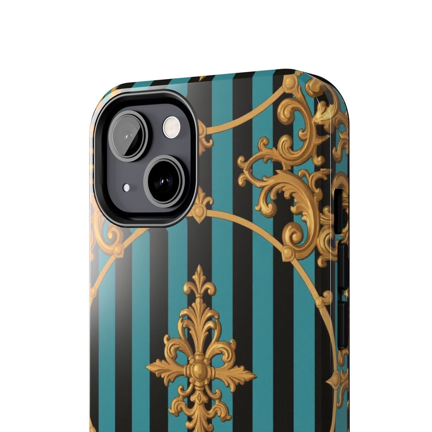 Elegant Turquoise & Black Striped Gold Baroque Phone Case, Tough Phone Cases for Fashion Lovers, Gift for Her, Luxury Accessories