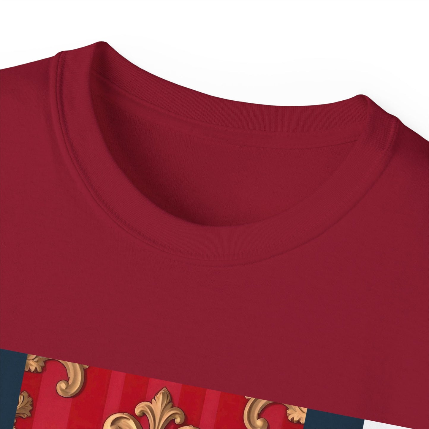 Regal Red Baroque T-Shirt, Artistic Tee, Gift for Art Lovers, Fashionable Statement Shirt, Unique Graphic Top - Blue, Red & White Striped Baroque