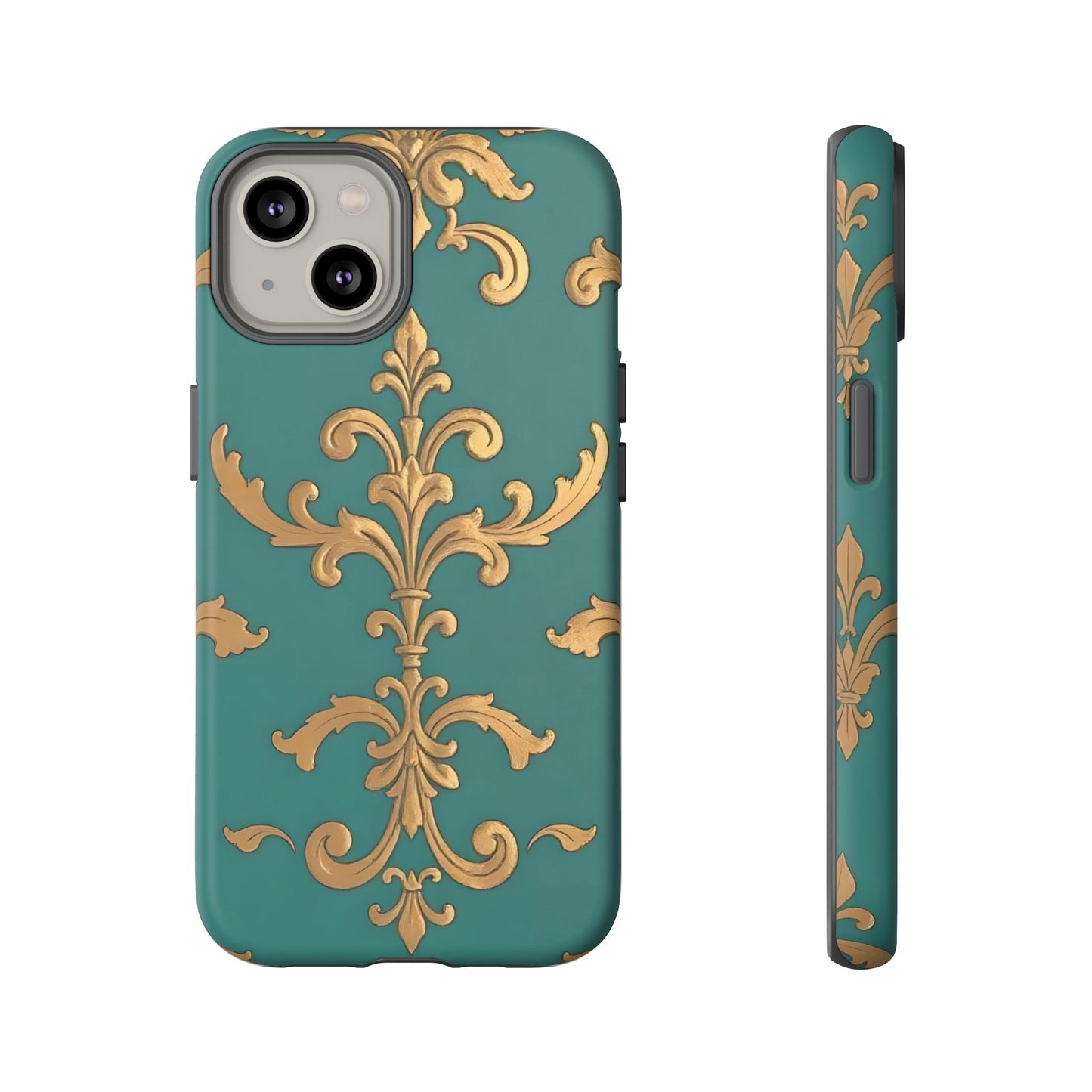 Elegant Floral Motif Phone Case - Tough Cases with Vintage Design - Aqua & Gold Damask