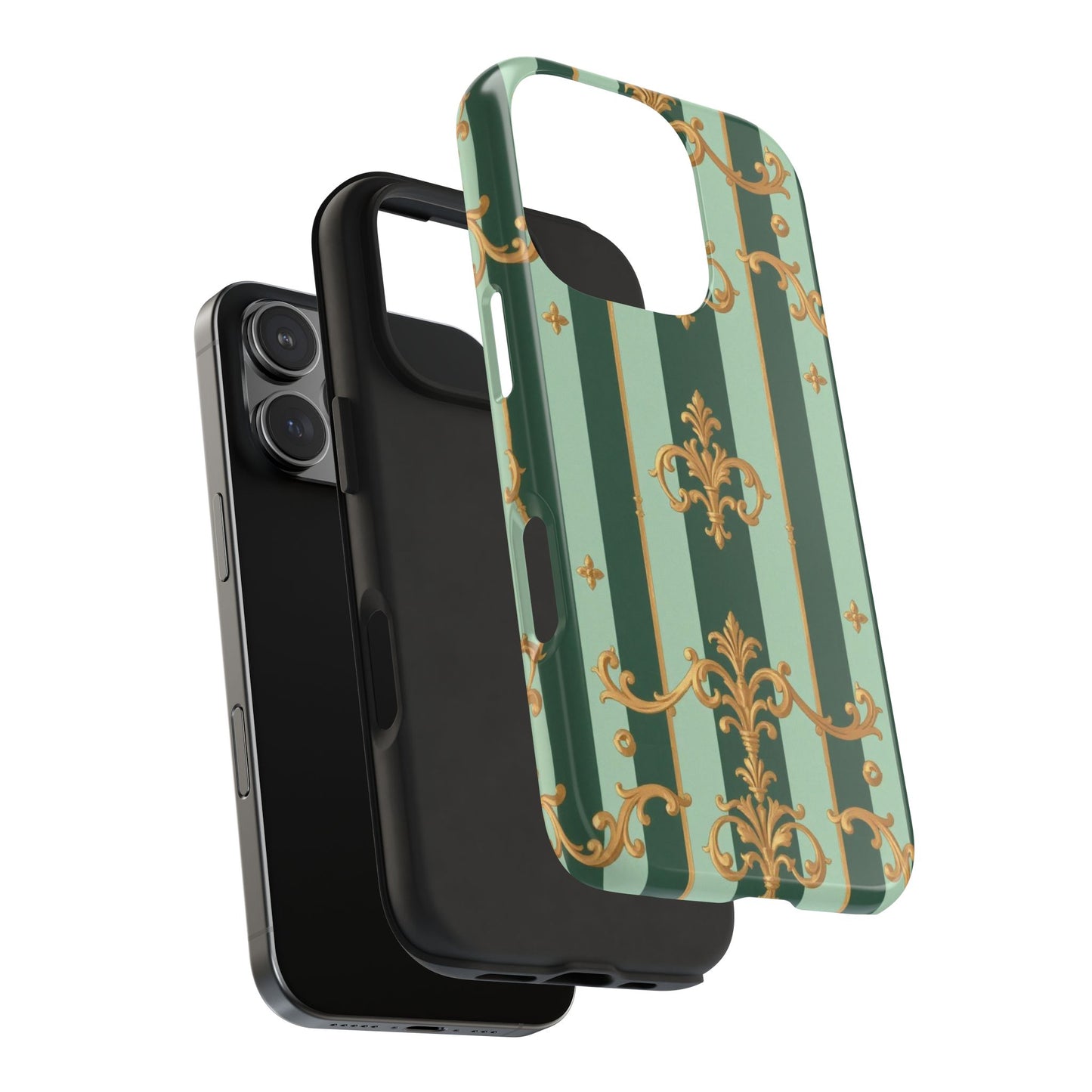 Elegant Floral Tough Phone Cases | Stylish Phone Protection, Gift for Her, Trendy Accessory, Unique Decor - Mint Green & Teal Striped Gold Baroque