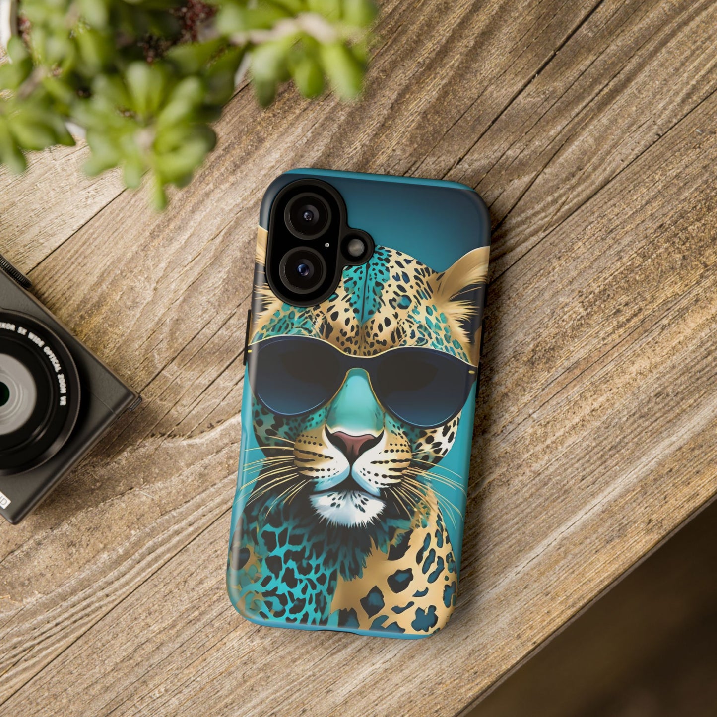 Phone Case - Aqua & Gold Leopard In Sunglasses Design