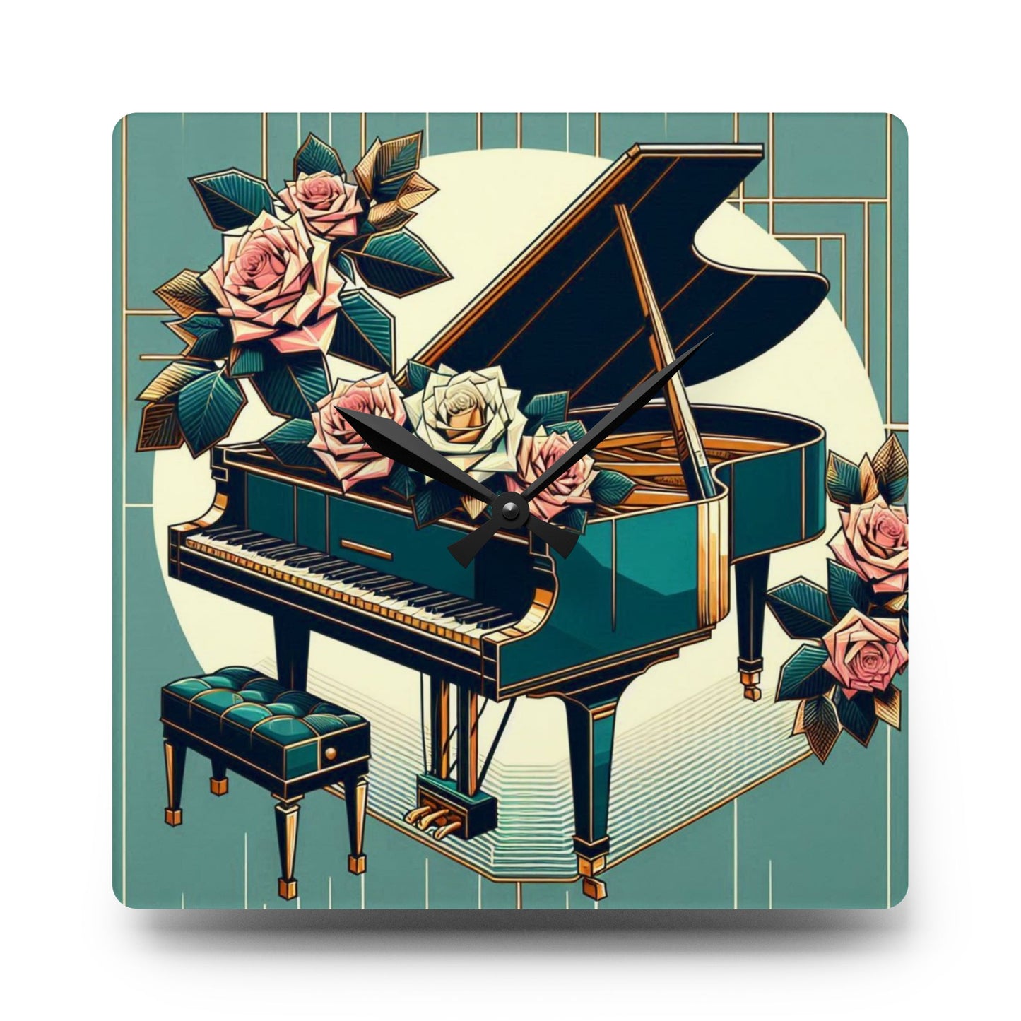 Elegant Piano & Roses Acrylic Wall Clock - Timeless Decor for Music Lovers