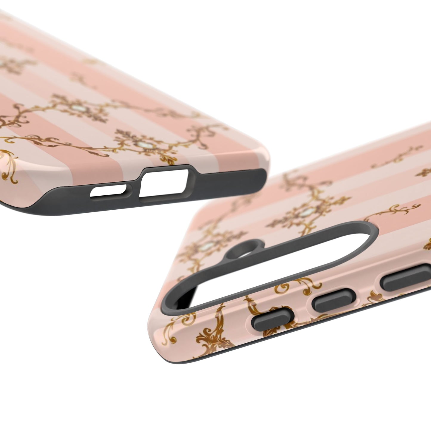 Elegant Floral Phone Case, Tough Cases for Women, Trendy Phone Cover, Chic Gift - Pink Jeweled Striped Gold Baroque