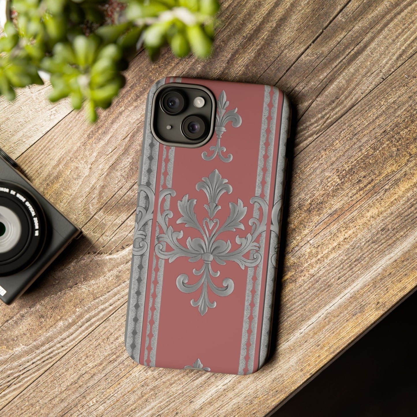 Elegant Floral Phone Case - Tough Cases for Stylish Protection - Gray & Mauve Striped Baroque