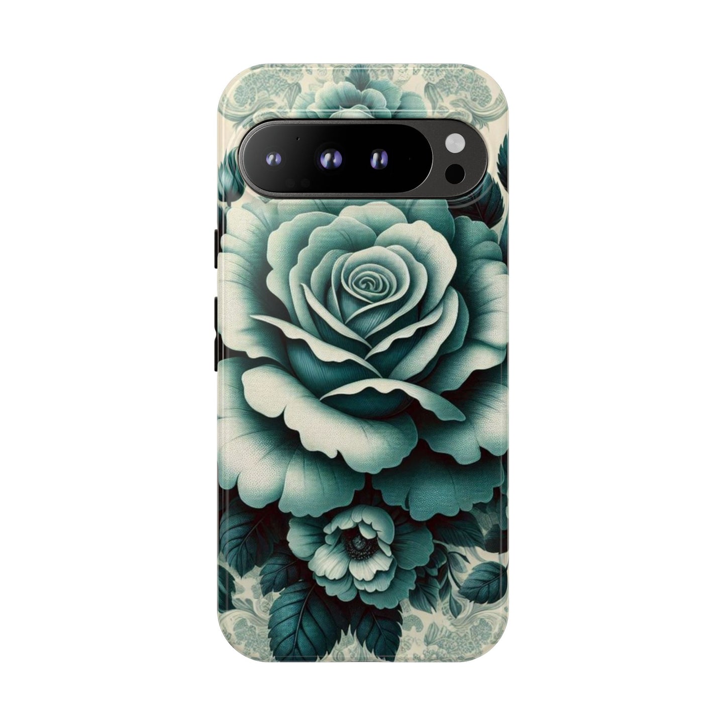 Elegant Floral Motif Phone Case - Tough Cases with Vintage Design - Teal Roses & Damask
