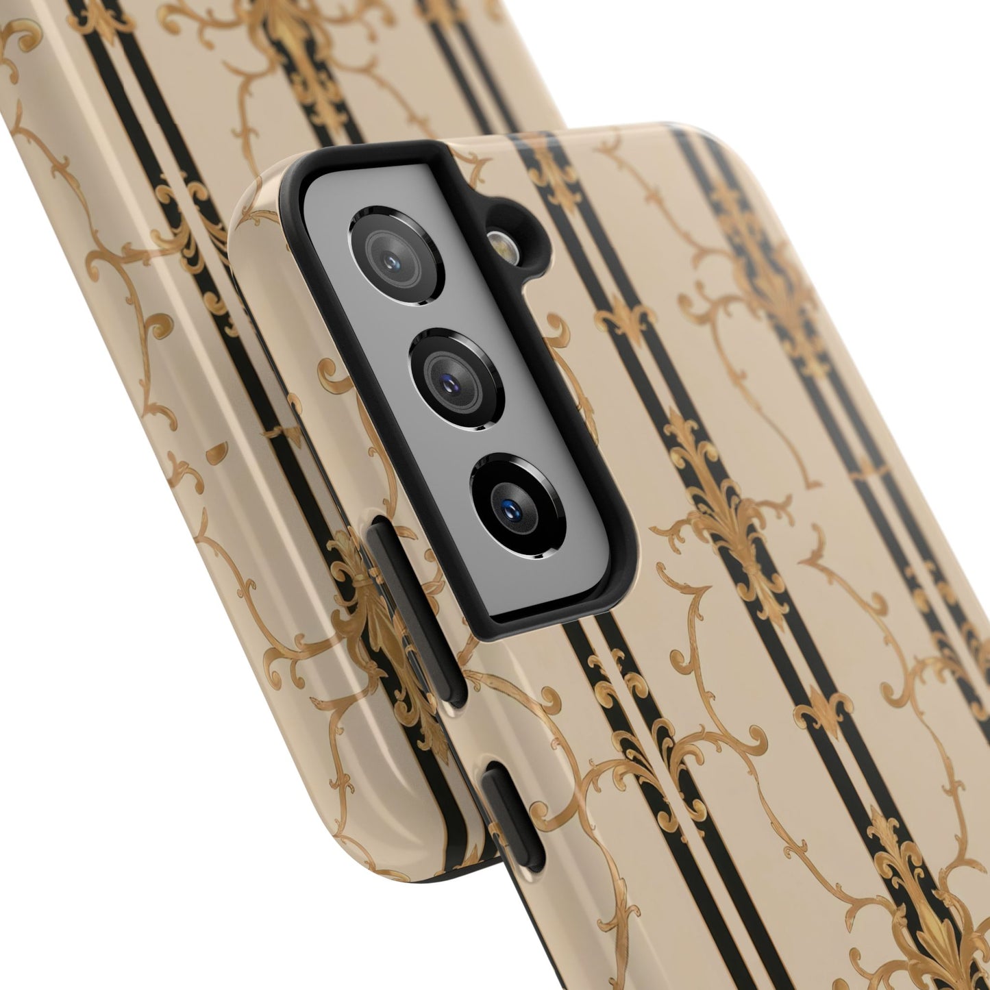 Elegantly Tough Phone Cases | Stylish Phone Covers, Durable Cases, Fashionable Accessories - Black & Beige Striped Damask
