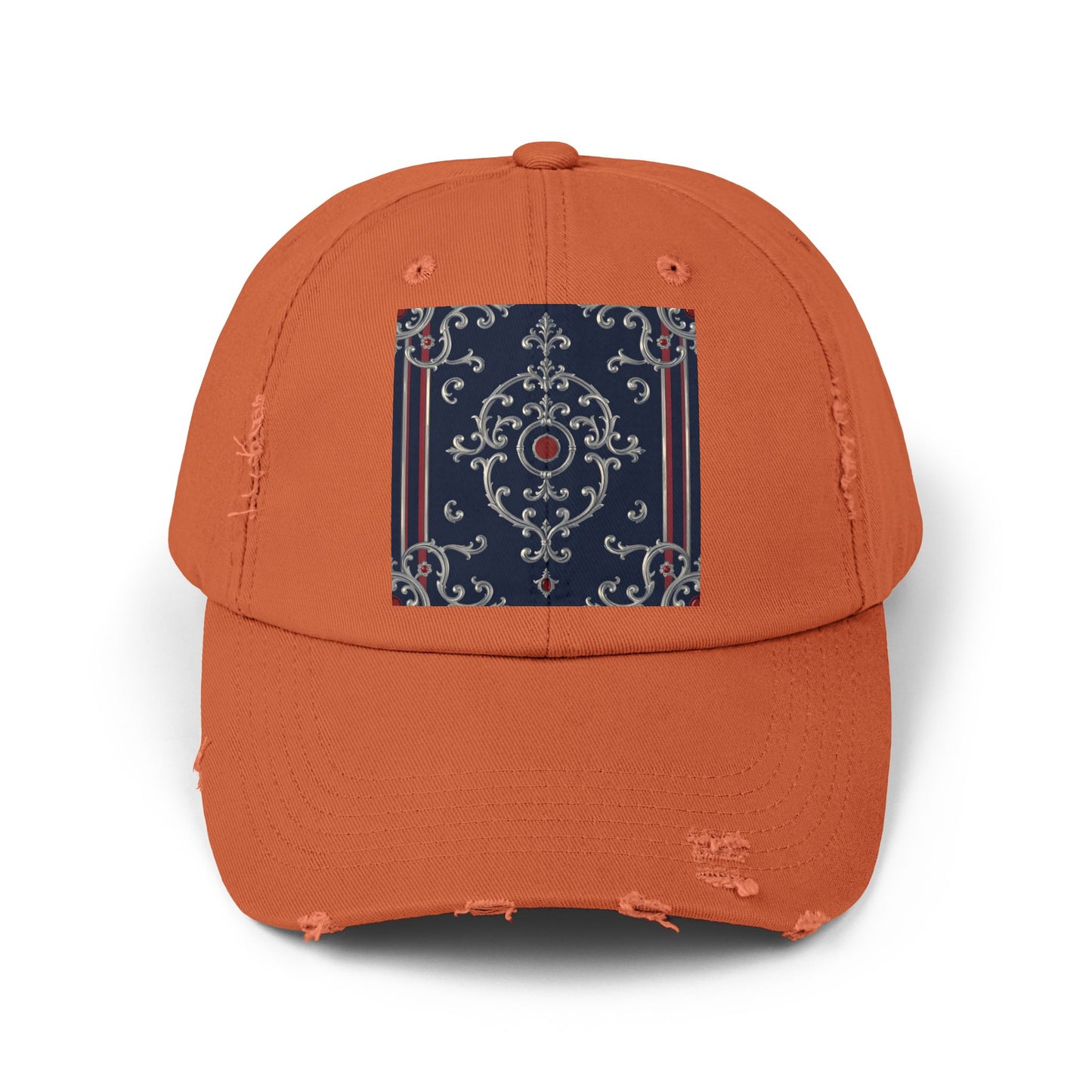 Stylish Unisex Distressed Cap with Ornate Design, Casual Hat for Outdoor Adventures, Beach Days - Blue & Red Silver Baroque