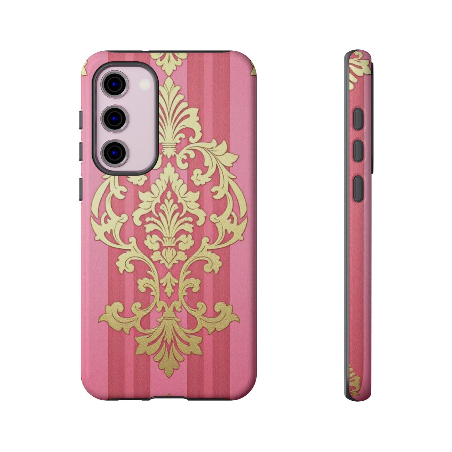 Elegant Floral Motif Phone Case - Tough Cases with Vintage Design - Pink Striped Damask