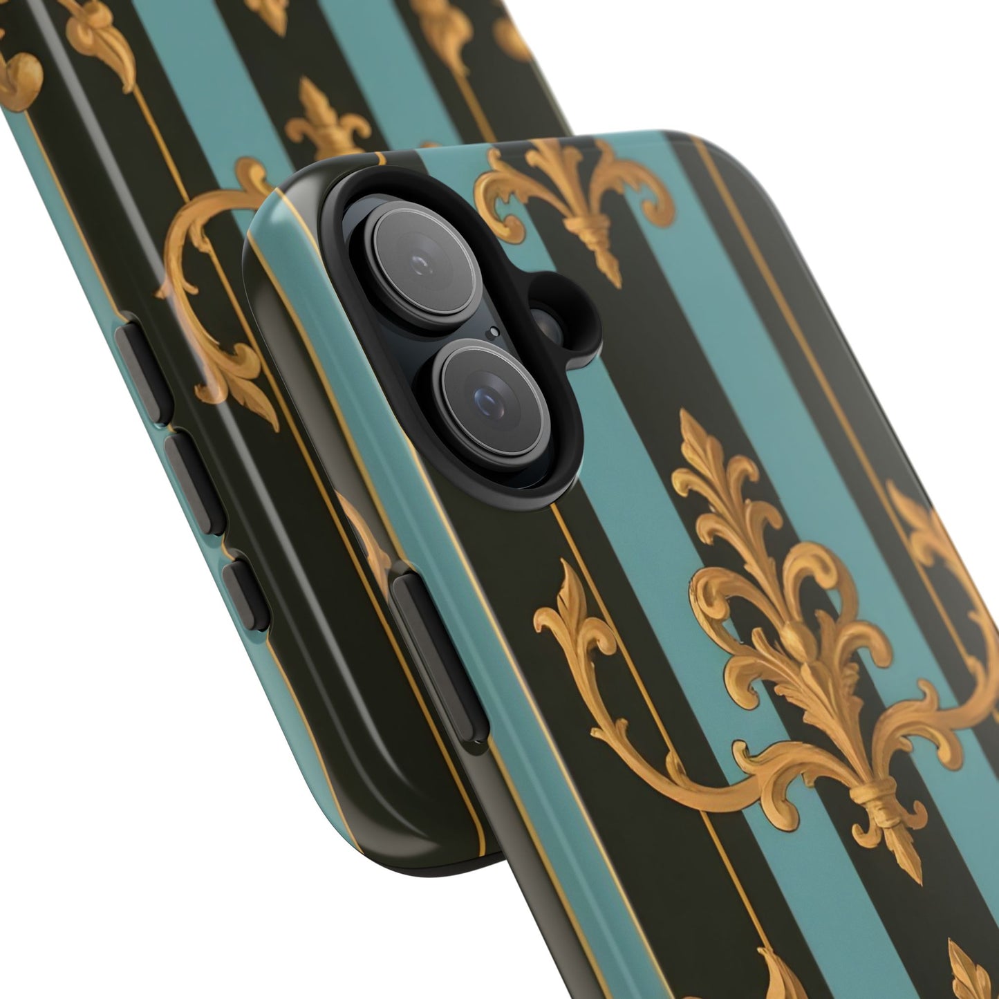 Elegant Baroque Tough Phone Case, Stylish Phone Cover, Durable iPhone Case, Unique Gift - Black & Turquoise Striped Baroque