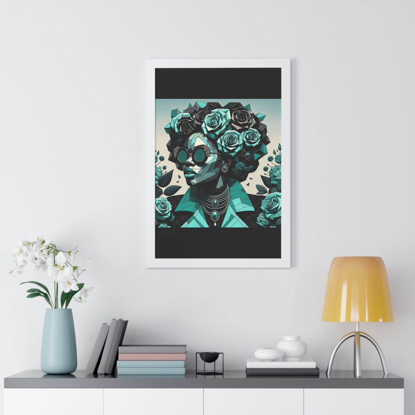 Framed Art Poster, Bohemian Home Decor, Wall Art for Living Room, Gift for Art Lovers, Unique Framed Wall Decor - Turquoise & Black Roses Lady