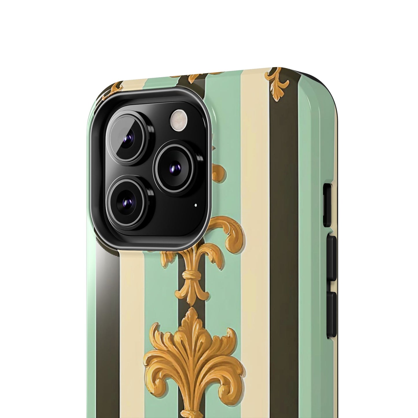 Elegant Floral Tough Phone Cases - Stylish Protection for All Occasions, Gifts for Her, Phone Covers - Black & Matte Mint Striped Rococo