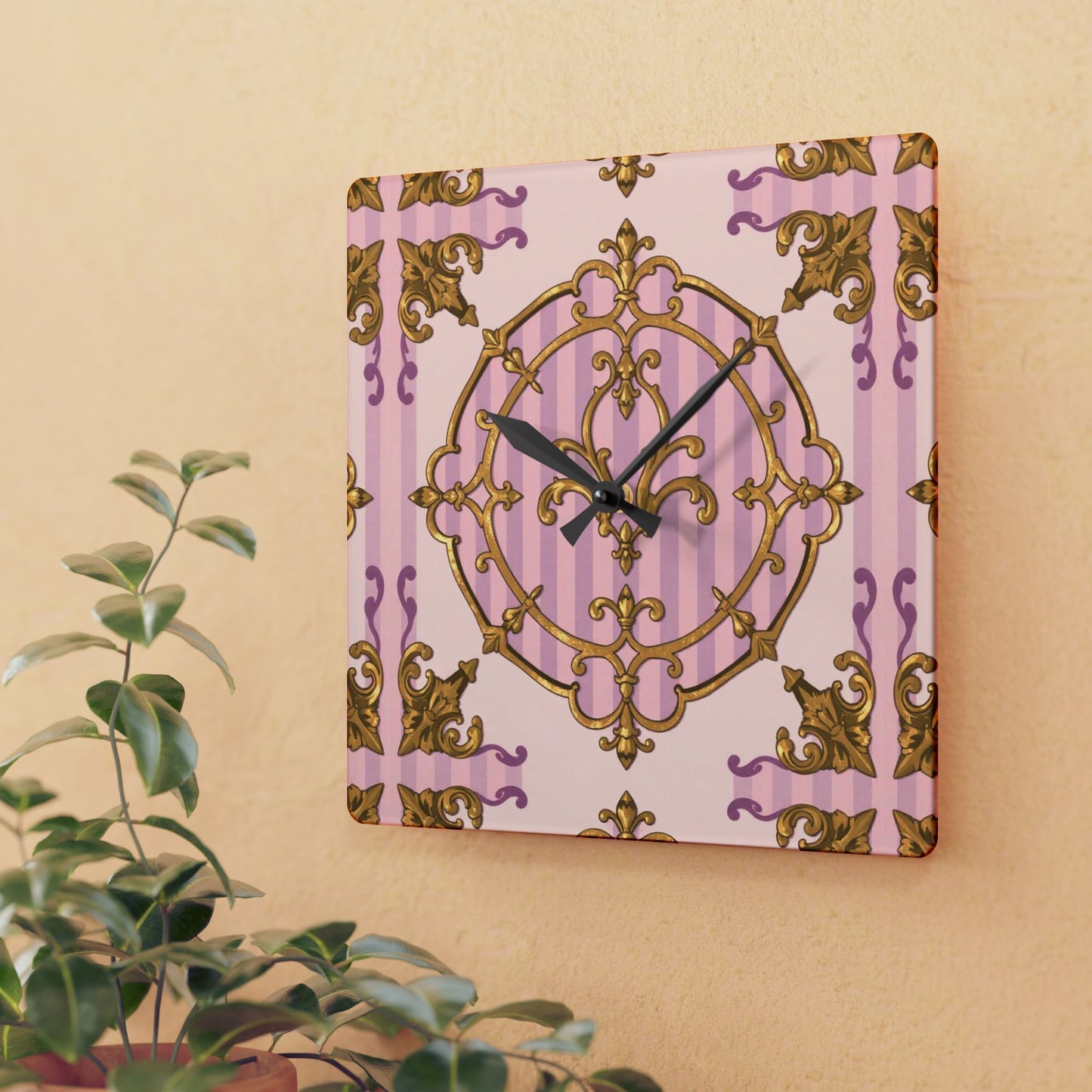 Elegant Vintage Lavender & Alabaster Striped Gold Baroque Acrylic Wall Clock, Chic Wall Art, Gift for Her, Stylish Living Room Accessory