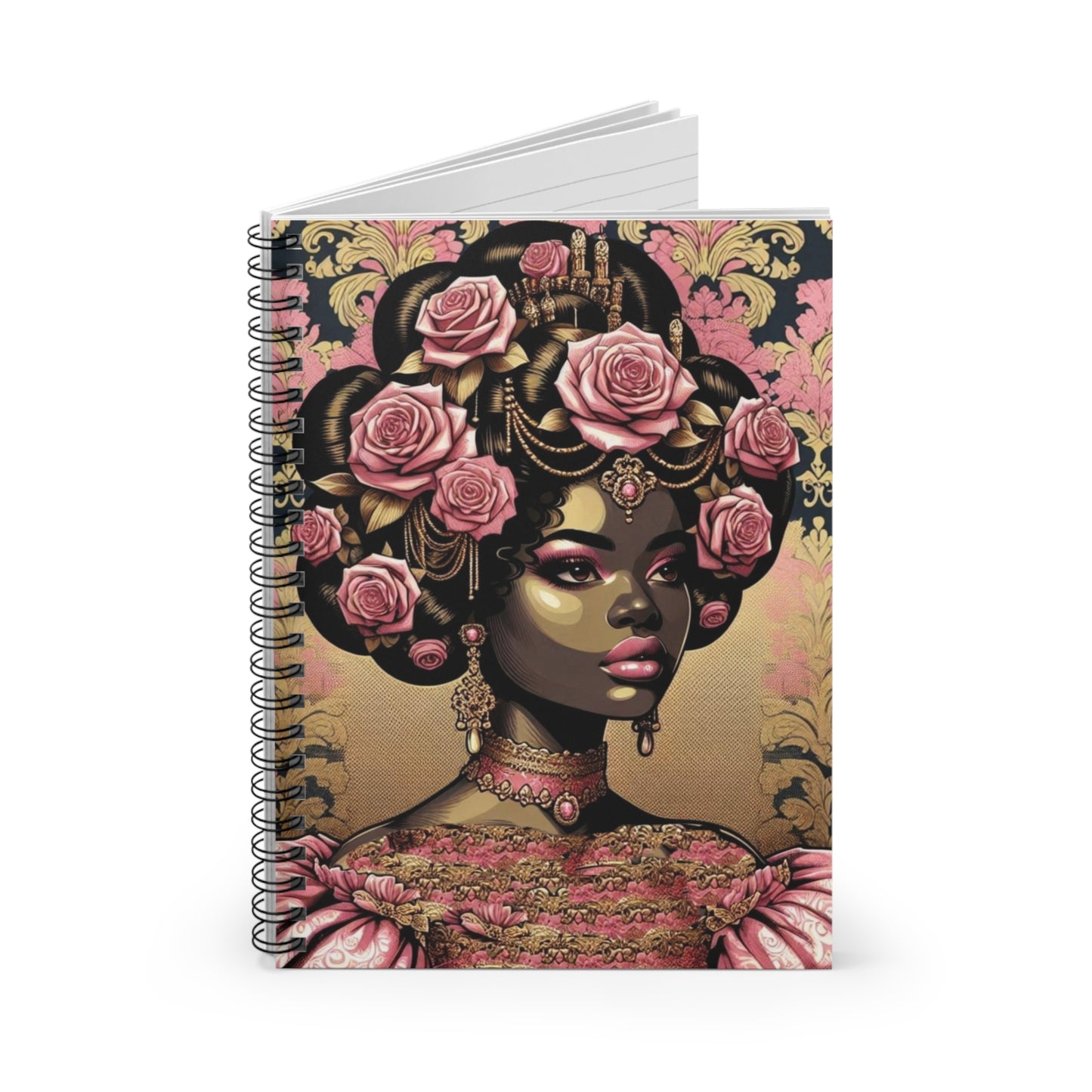 Elegant Vintage Spiral Notebook - Ruled Line with Lady In Pink Damask Design