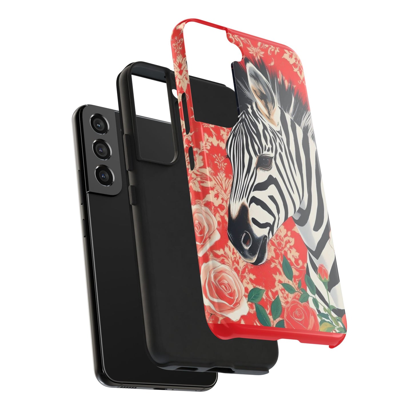 Zebra Tough Phone Case - Trendy Floral Design for Animal Lovers - Zebra With Coral Roses & Damask