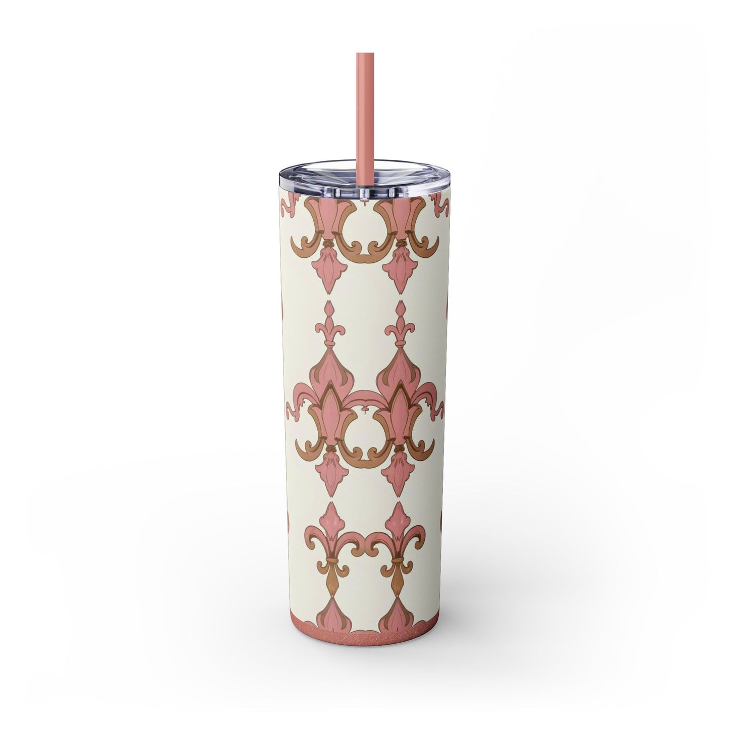 Elegant Floral Skinny Tumbler, 20oz Drinkware, Stylish Travel Mug, Wedding Gift, Personalized Gift, Eco-Friendly Cup - Brown Striped Pink Arabesque