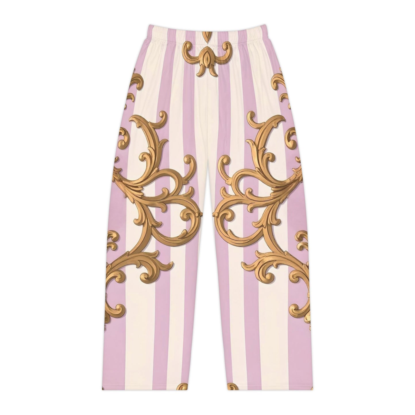 Stylish Women's Pajama Pants, Luxe Loungewear, Cute Sleepwear, Gift for Her, Trendy Homewear - Lilac & Alabaster Striped Gold Baroque