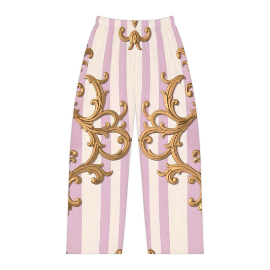 Stylish Women's Pajama Pants, Luxe Loungewear, Cute Sleepwear, Gift for Her, Trendy Homewear - Lilac & Alabaster Striped Gold Baroque