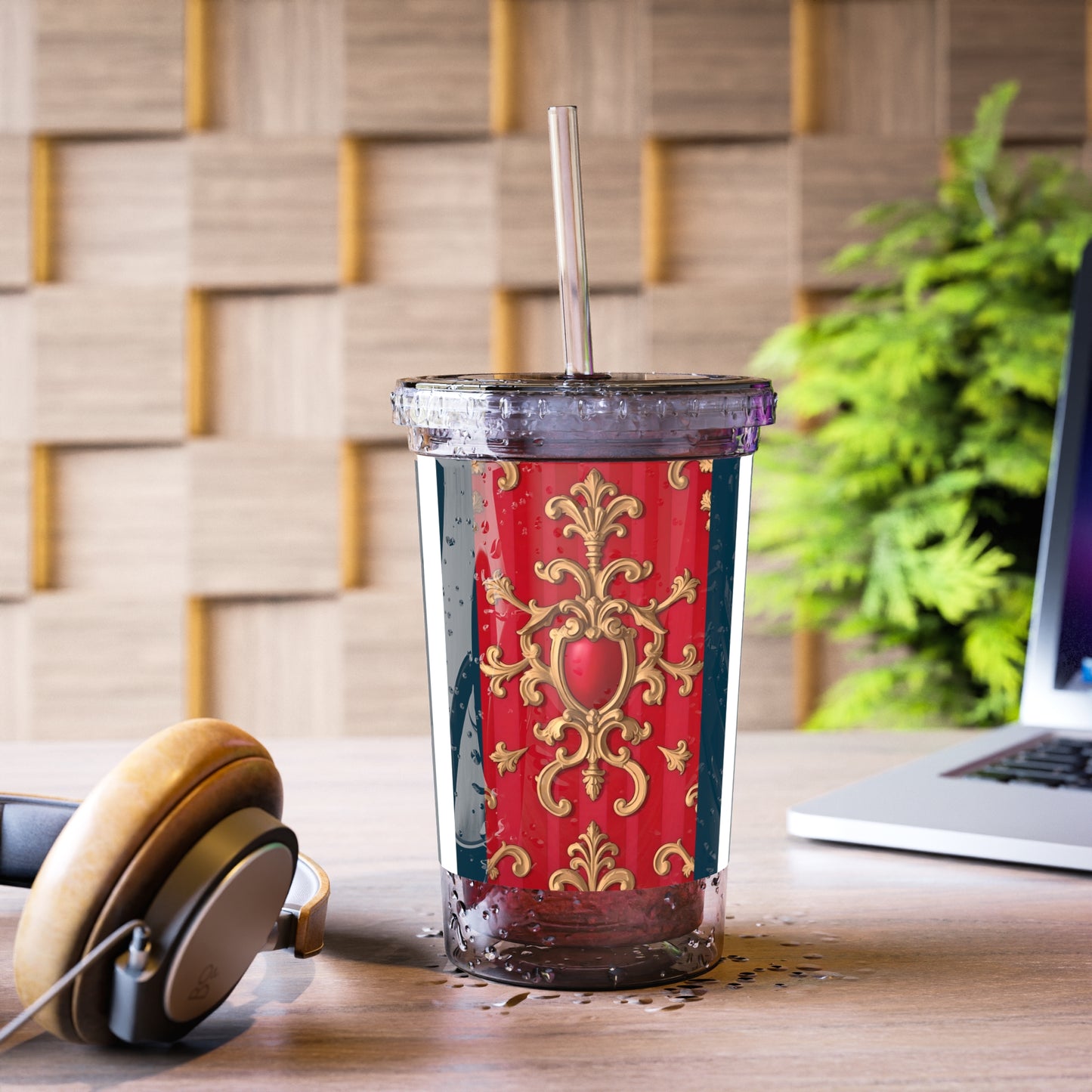 Elegant Acrylic Cup with Regal Design, Perfect for Gifts, Parties, Everyday Use, Travel, Holiday Celebrations - Blue, Red & White Striped Baroque