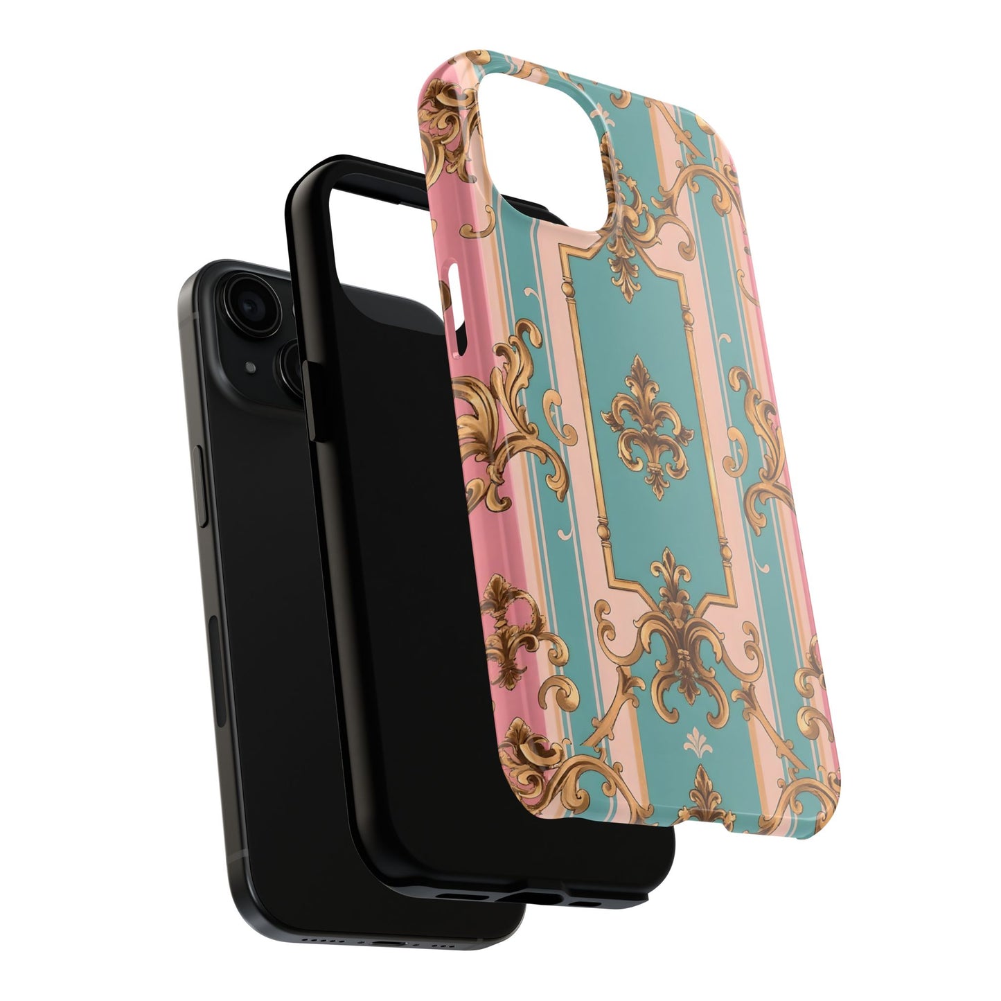 Elegant Floral Tough Phone Case, Artistic Phone Cover, Gift for Her, Chic Phone Accessory - Pink & Matte Turquoise Striped Rococo