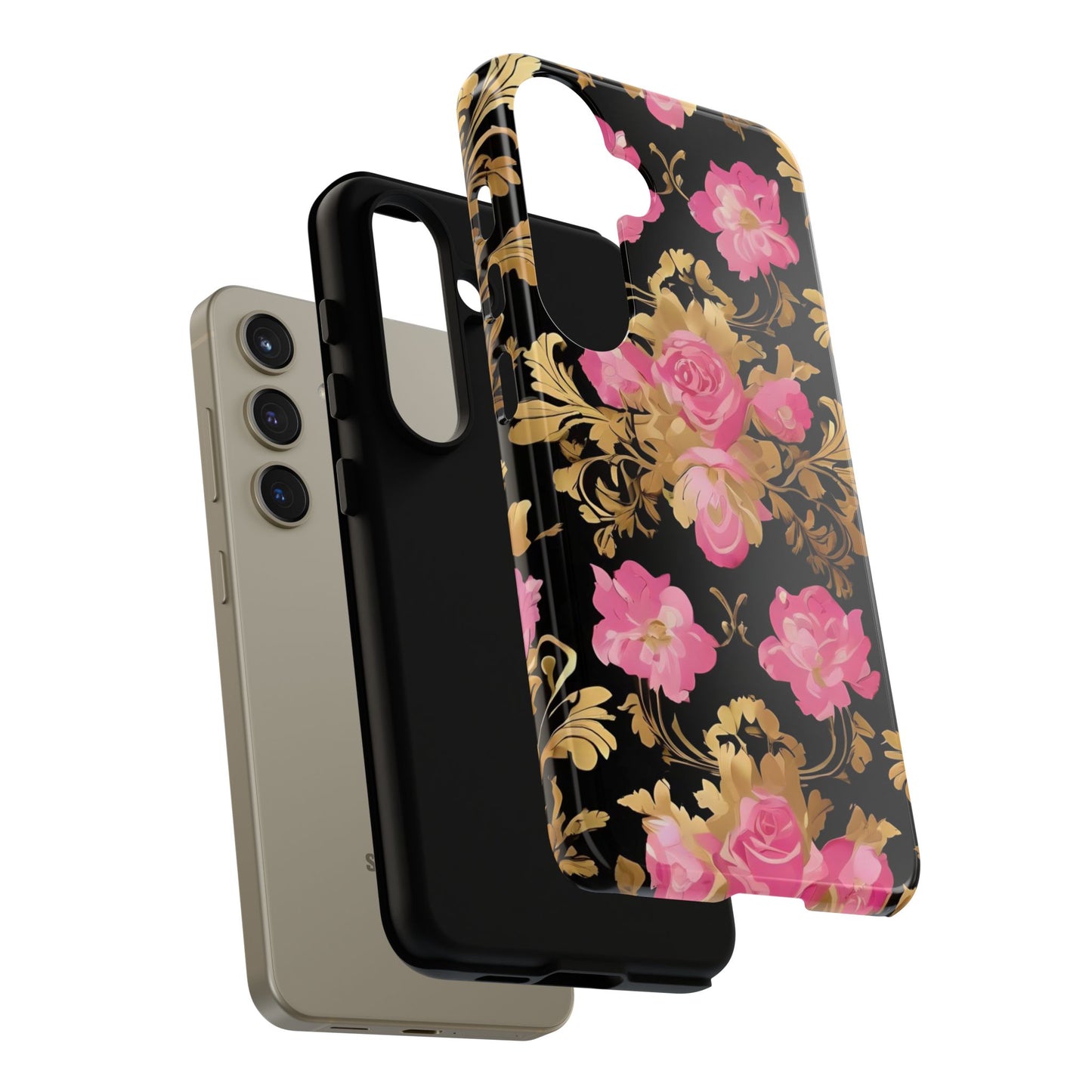 Elegant Floral Motif Phone Case - Tough Cases with Vintage Design - Pink & Gold Roses