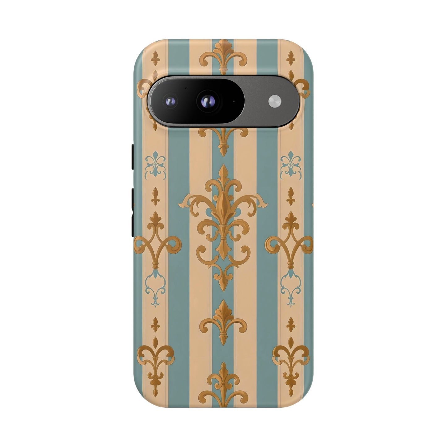 Elegant Floral Motif Phone Case - Tough Cases with Vintage Design -  Beige & Sky Blue Striped Gold Damask