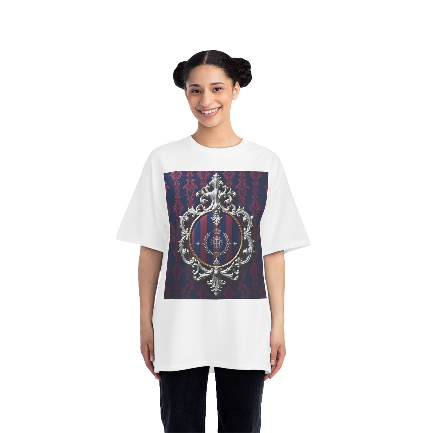 Elegant Unisex Graphic T-Shirt - Vintage Inspired, Casual Wear, Unique Gift, Art Tee, Fashion Statement - Blue & Plum Striped Silver Crest