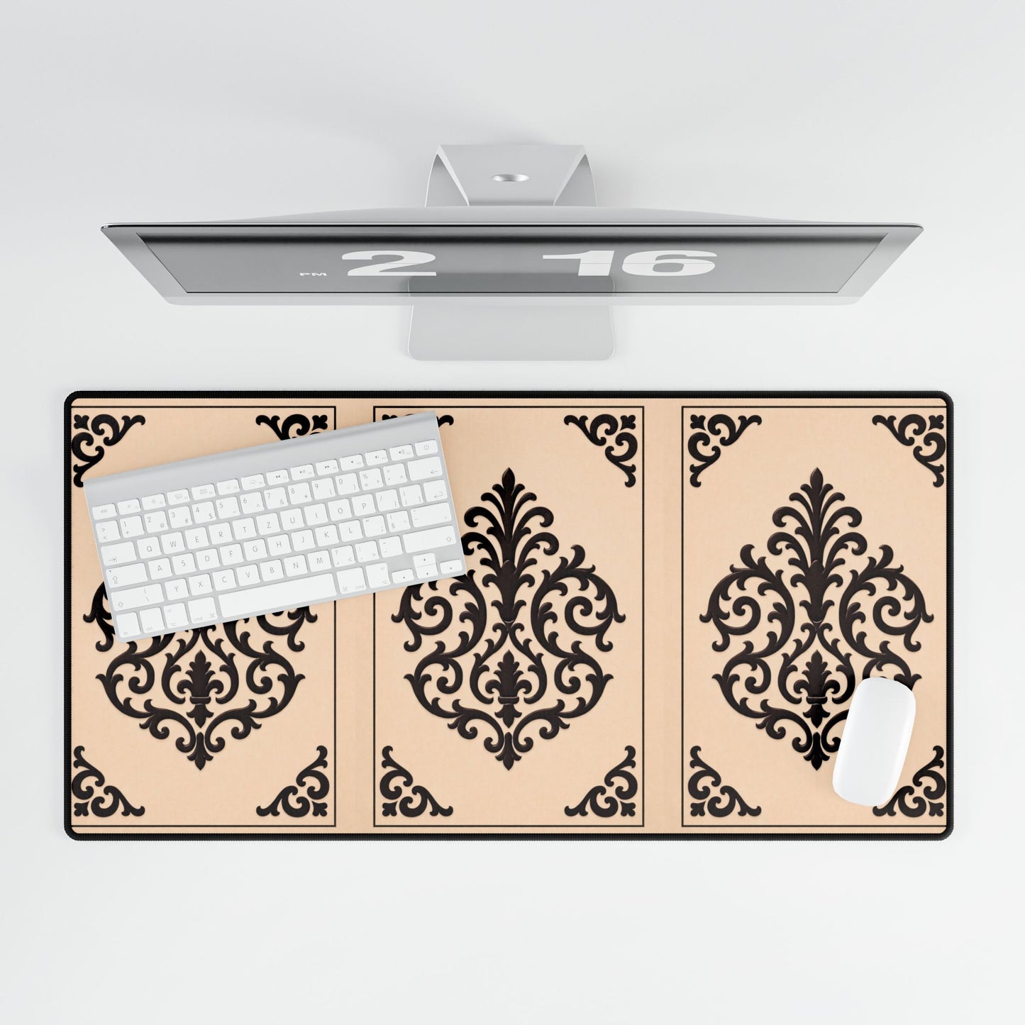 Almond-Beige & Brown Baroque Desk Mat – Elegant Beige & Brown Office Mousepad