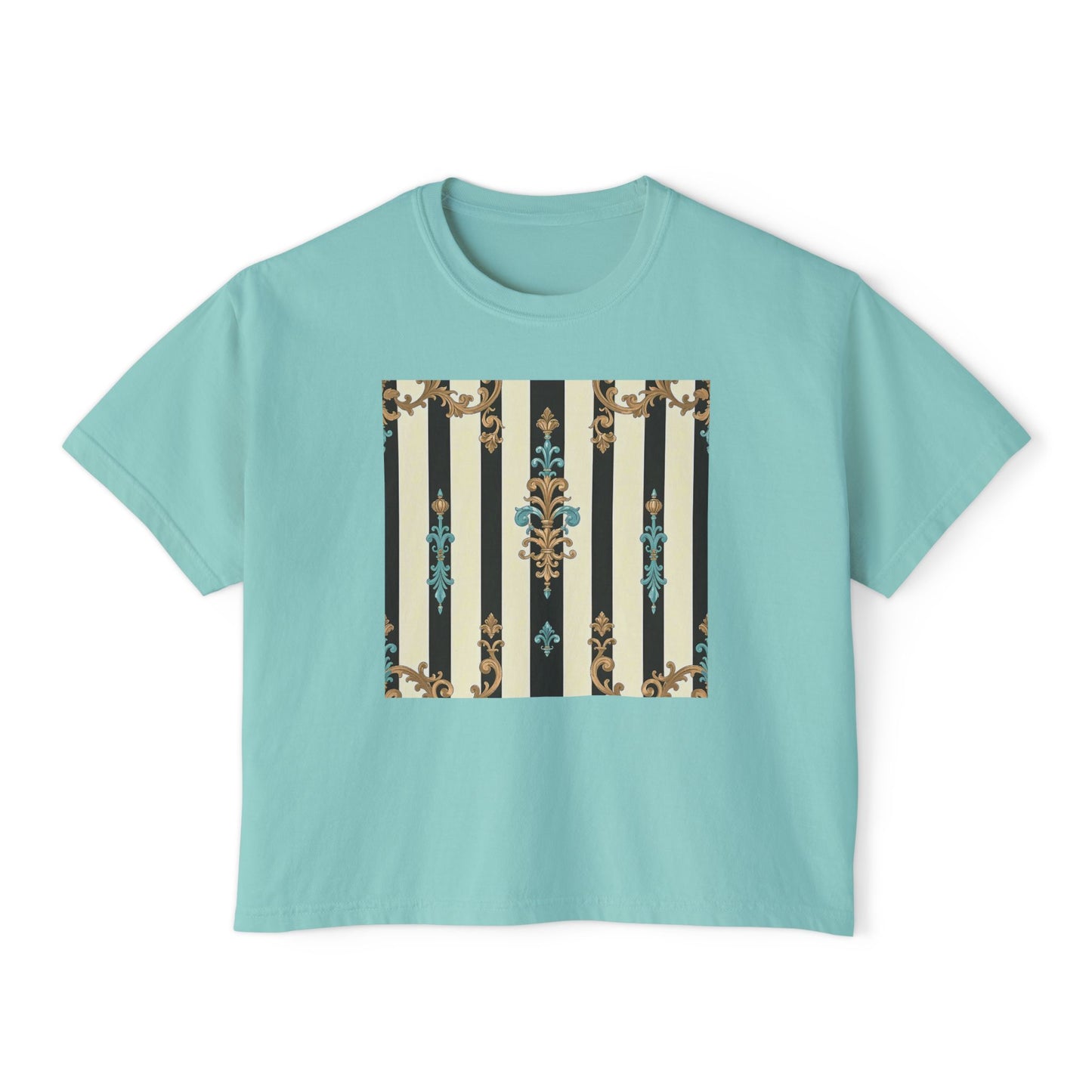 Women's Boxy Tee with Vintage Floral Design, Casual Tee, Summer Top, Gift for Her, Trendy T-Shirt - Black Striped Turquoise & Black Rococo