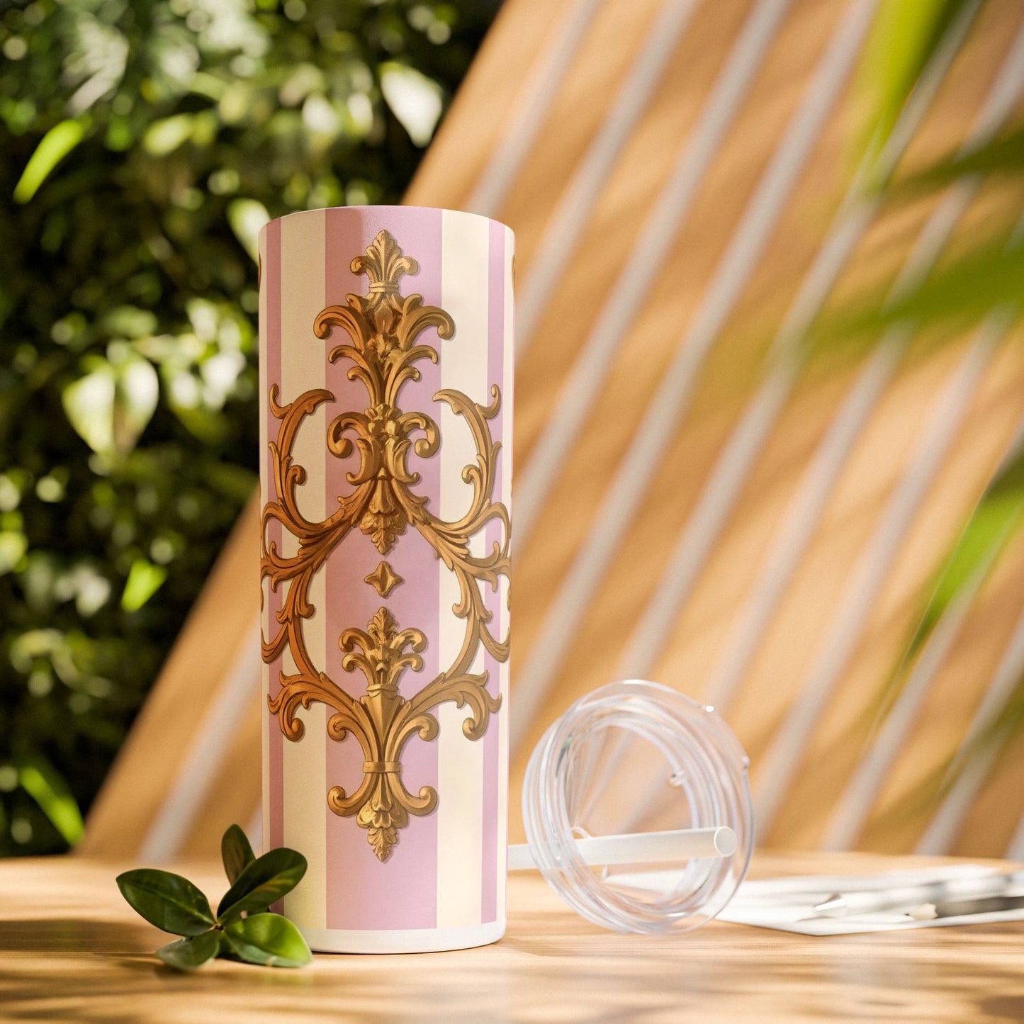 Elegant Pink Tumbler, Gold Patterned Travel Cup, Insulated Drink Holder, Stylish Coffee Tumbler - Lilac & Alabaster Striped Gold Baroque