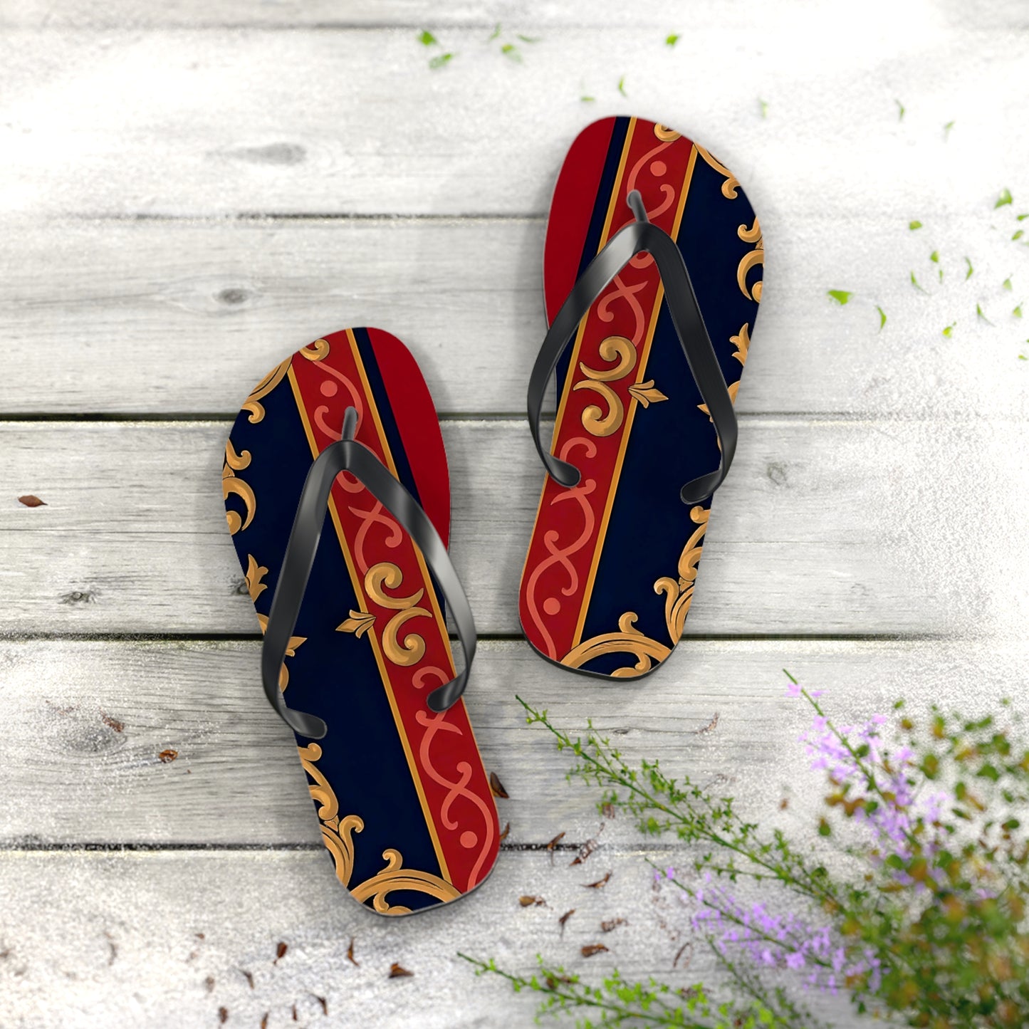 Elegant Vintage Flip Flops, Stylish Summer Footwear, Beachwear Accessories, Vacation Essentials - Midnight Blue & Dusk Red Gold Baroque
