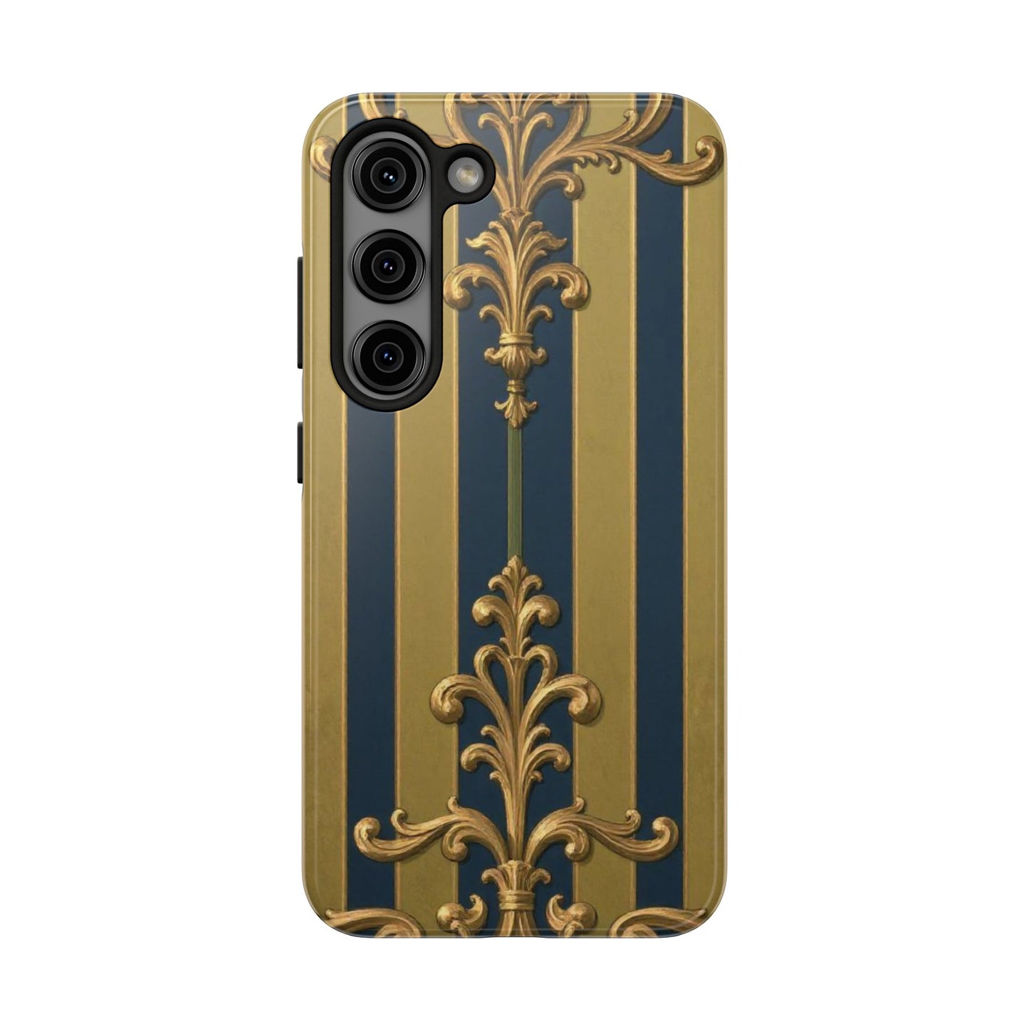 Elegant Midnight Blue & Olive Striped Gold Baroque Tough Phone Case, Phone Cover, Durable Case for Protection, Stylish Gift for Him/Her