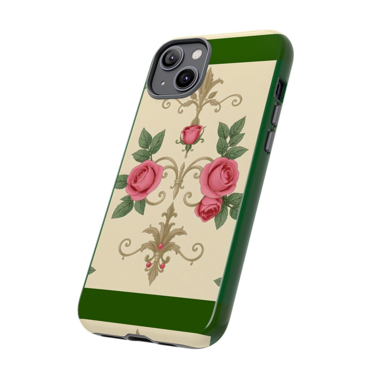 Elegant Floral Motif Phone Case - Tough Cases with Vintage Design - Green Border Roses & Damask
