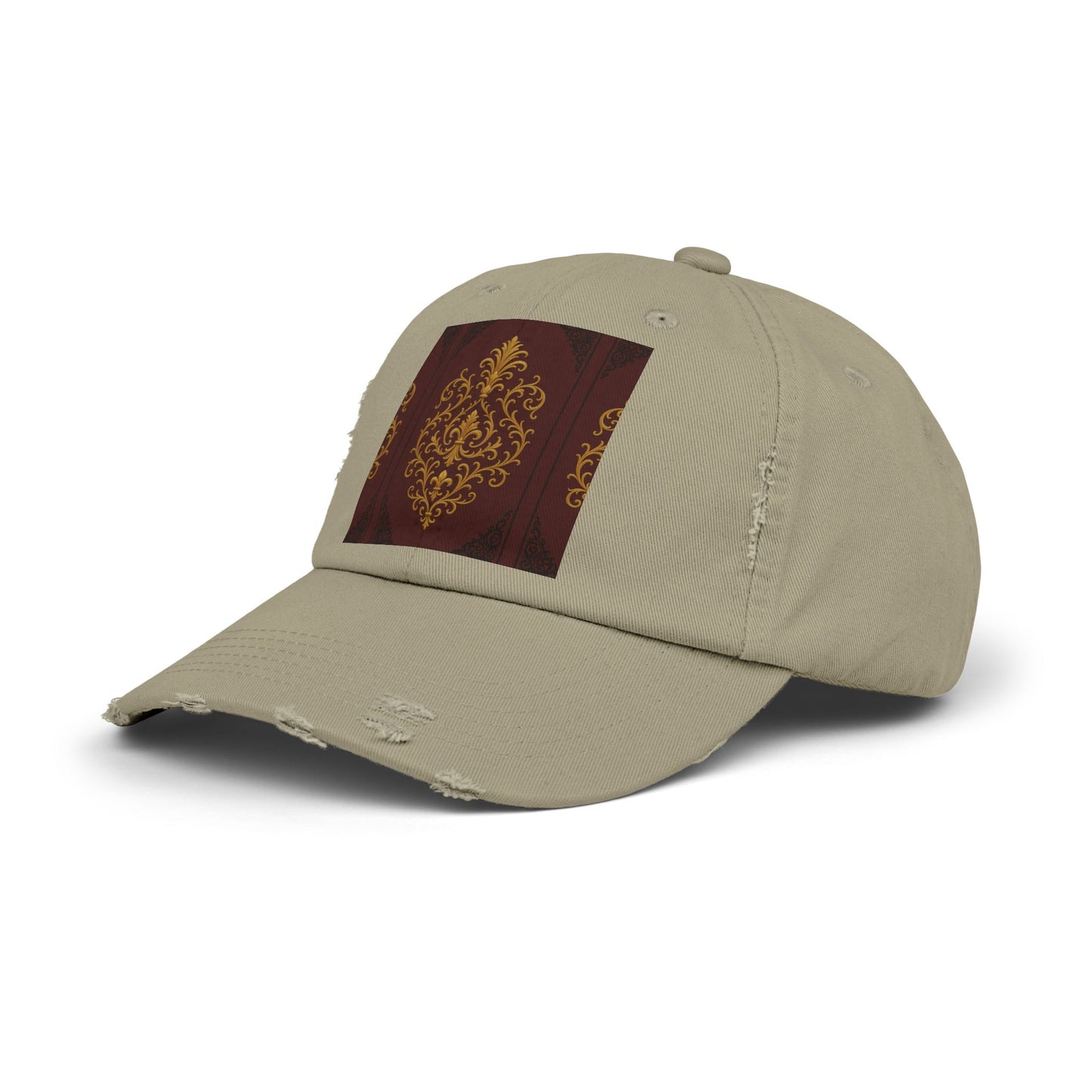 Dusk Burgundy-Black & Gold Baroque Distressed Black Cap with Vintage Gold Baroque Panel – Elegant Retro Baseball Hat