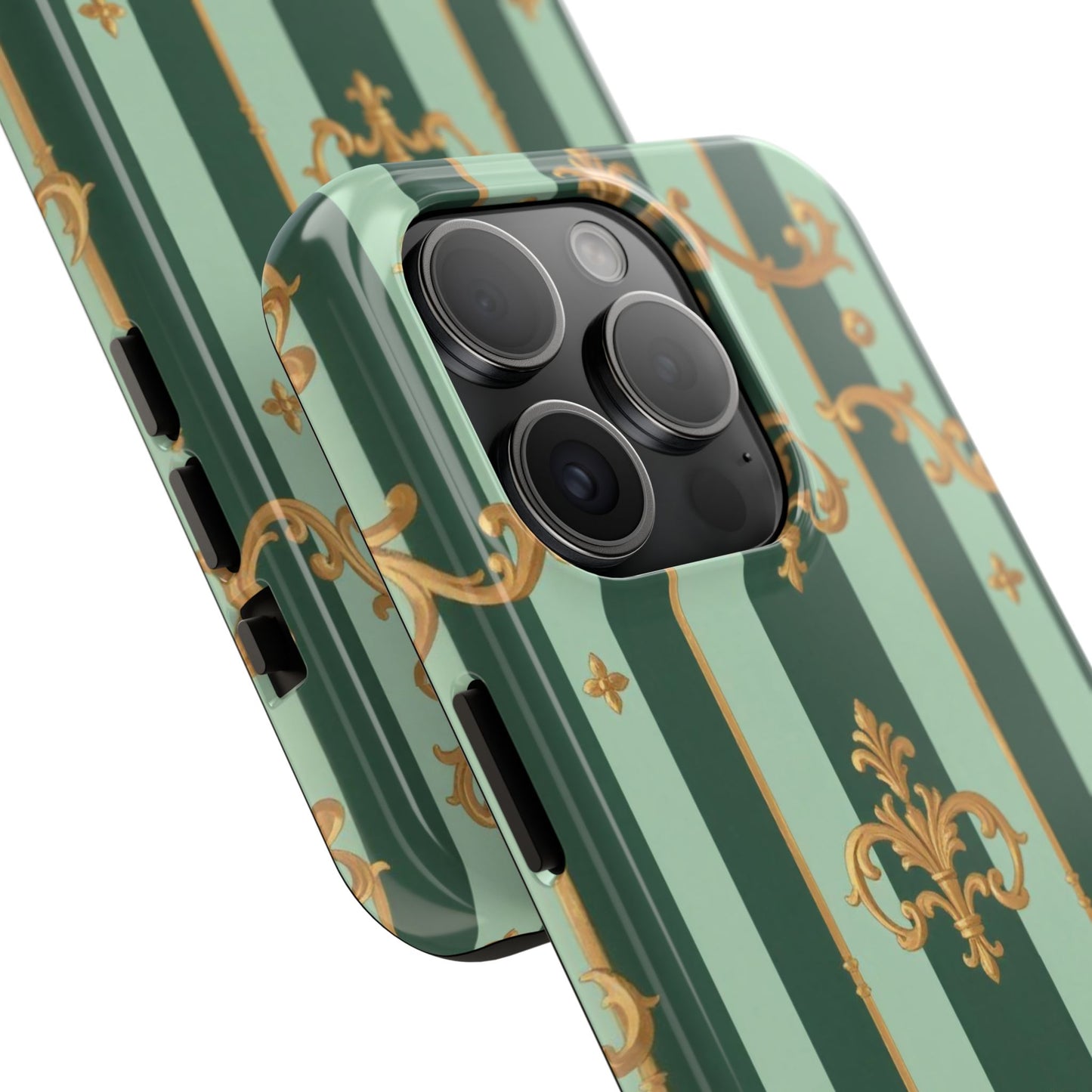 Elegant Floral Tough Phone Cases | Stylish Phone Protection, Gift for Her, Trendy Accessory, Unique Decor - Mint Green & Teal Striped Gold Baroque