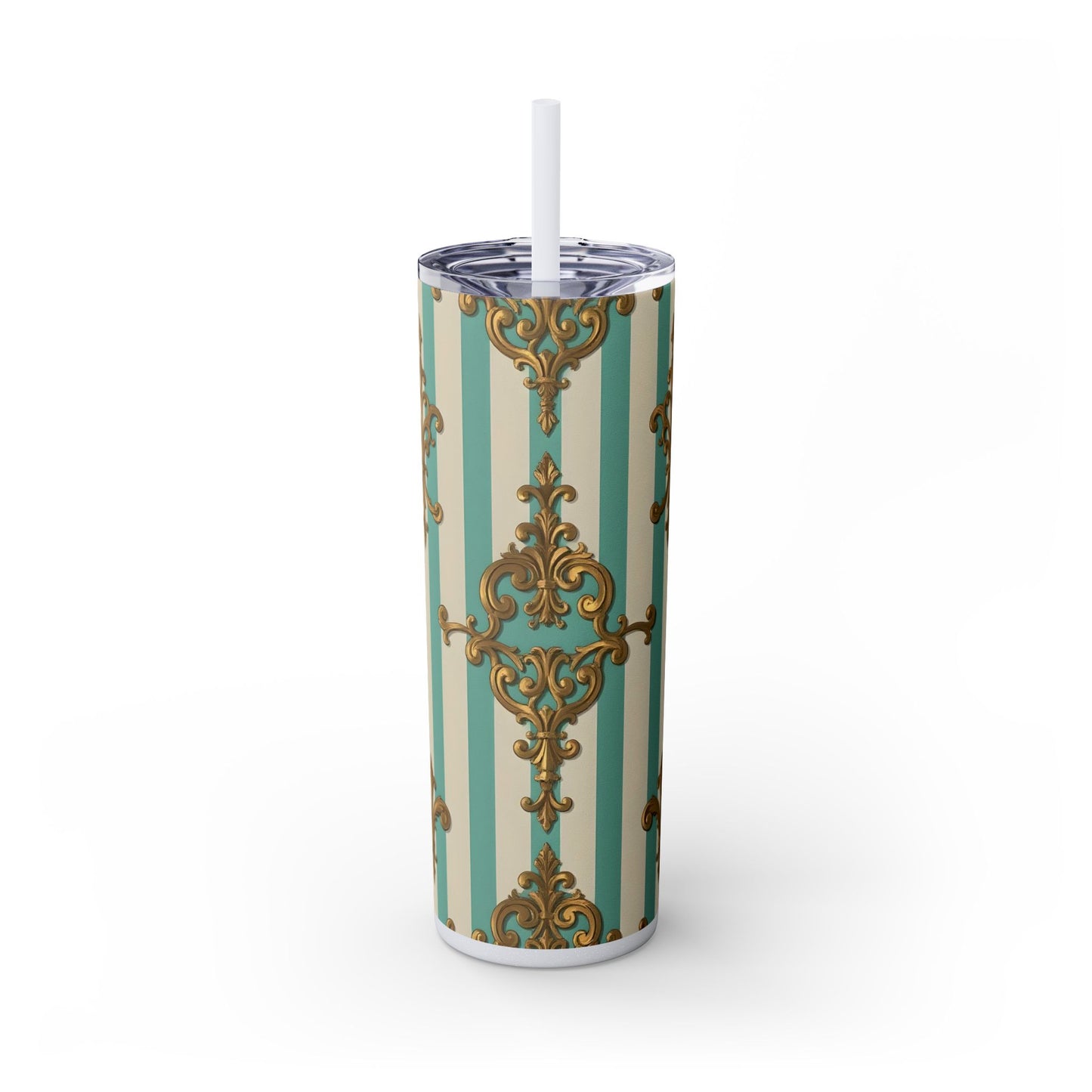 Elegant Vintage Skinny Tumbler with Straw, 20oz, Stylish Drinkware, Perfect Gift for Home, Coffee Lovers - Matte Green Striped Rococo